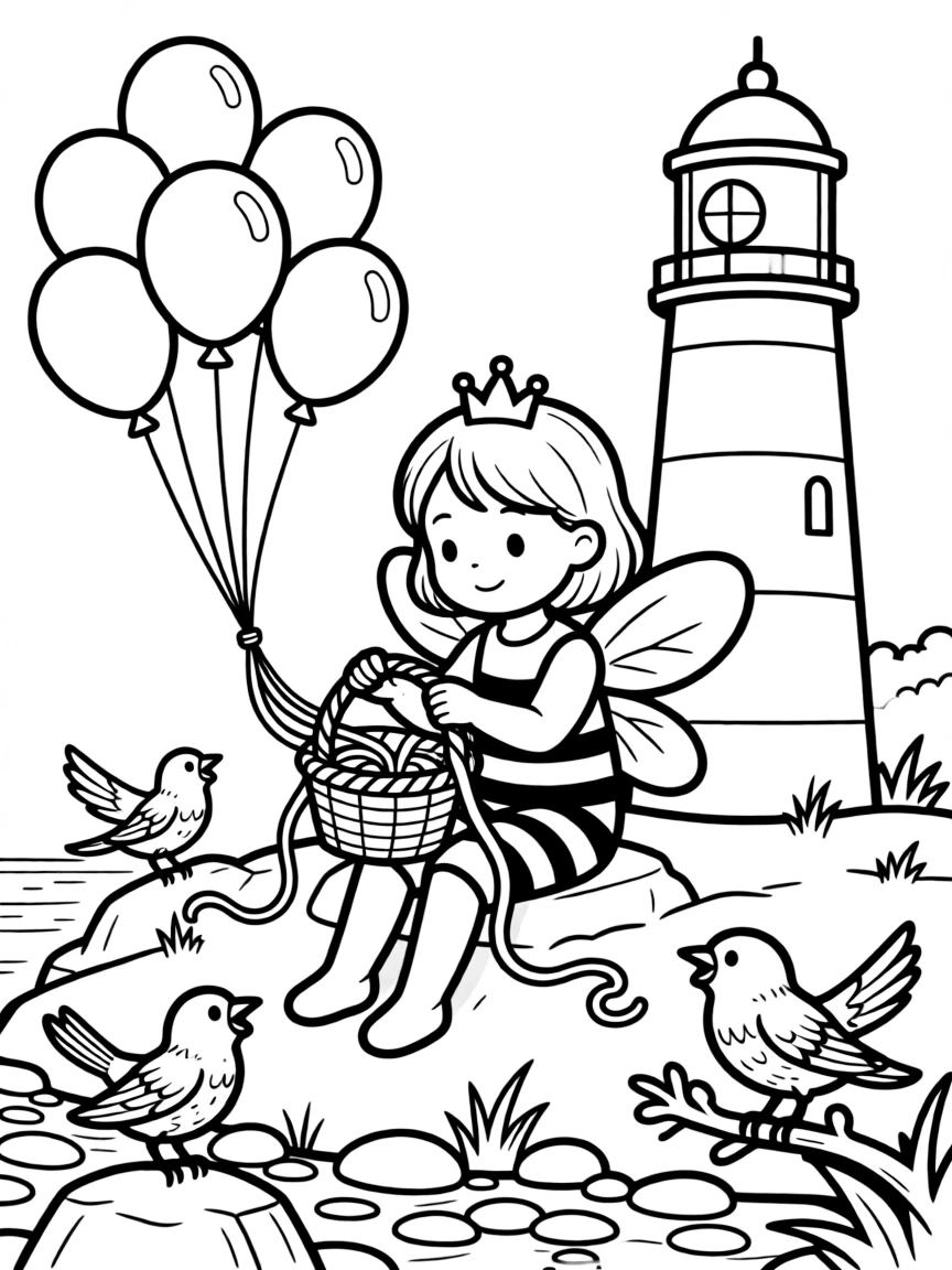 A girl dressed as a queen bee for a spring parade is weaving a basket from colorful ribbons beside a lighthouse on a rocky coast. All around, friendly songbirds perched close by and a cluster of bouncing balloons tied with ribbon bring the scene to life.