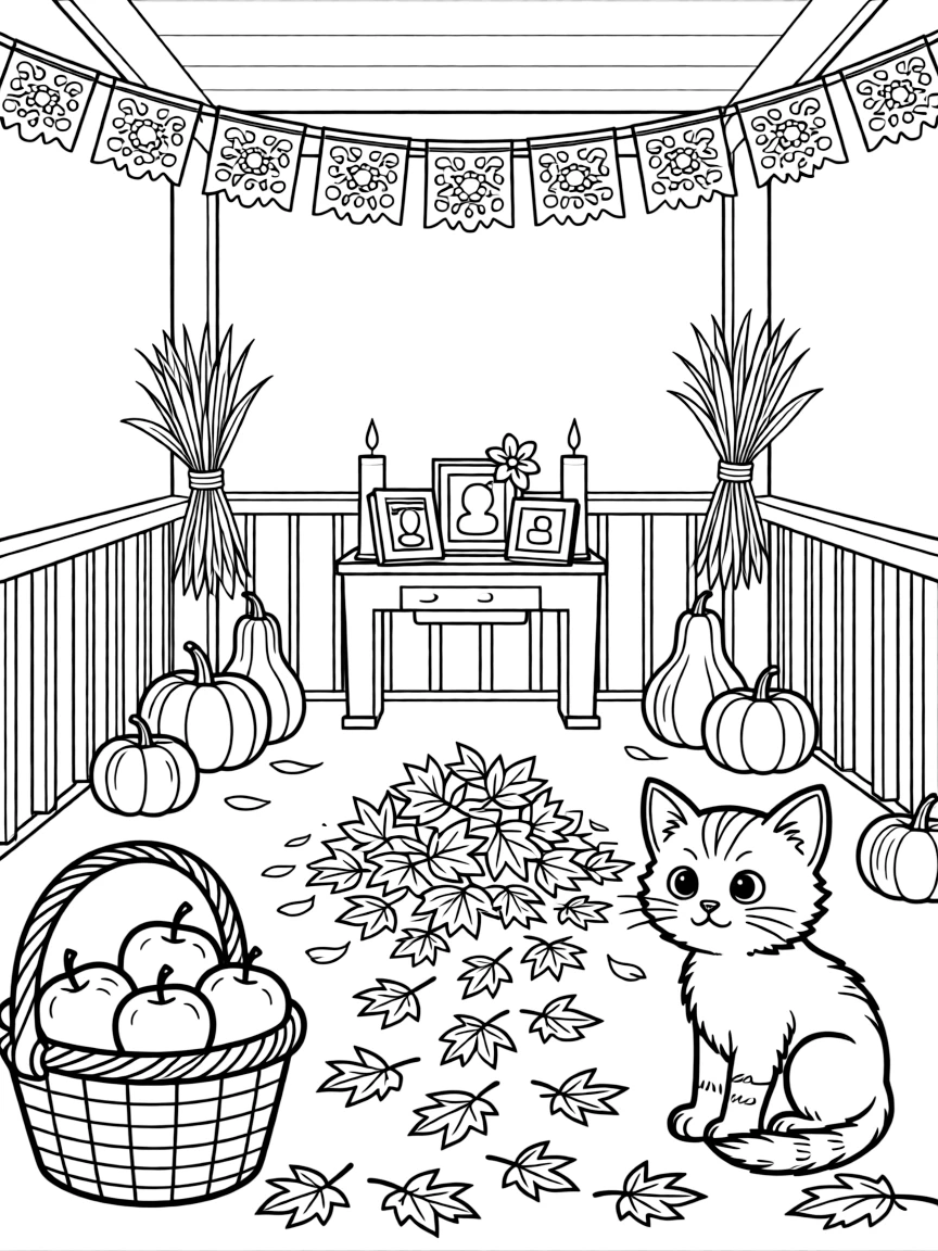 A wide view on a porch decorated with gourds and dried corn husks, featuring a papel picado banner strung above a photo altar, a curious kitten, and a basket of freshly picked apples, with a pile of crunchy leaves ready for jumping nearby.