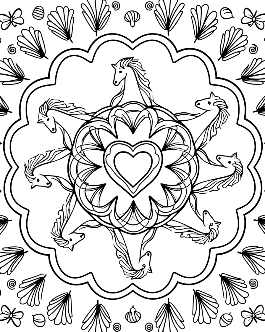 Farm Animals: The design turns a horse with a flowing mane and tail into a kaleidoscope-style composition anchored by a heart-shaped mandala framed by soft curling loops. The imagery is arranged in a spinning ring of repeated segments, each one a slightly rotated twin of its neighbor. Decorative details fill the surrounding space, including loops shaped like small bows, tightly coiled spiral shells, and fan-shaped feather clusters woven throughout the background. A playful extra touch completes the page: a handful of tiny acorns scattered near the bottom edge.