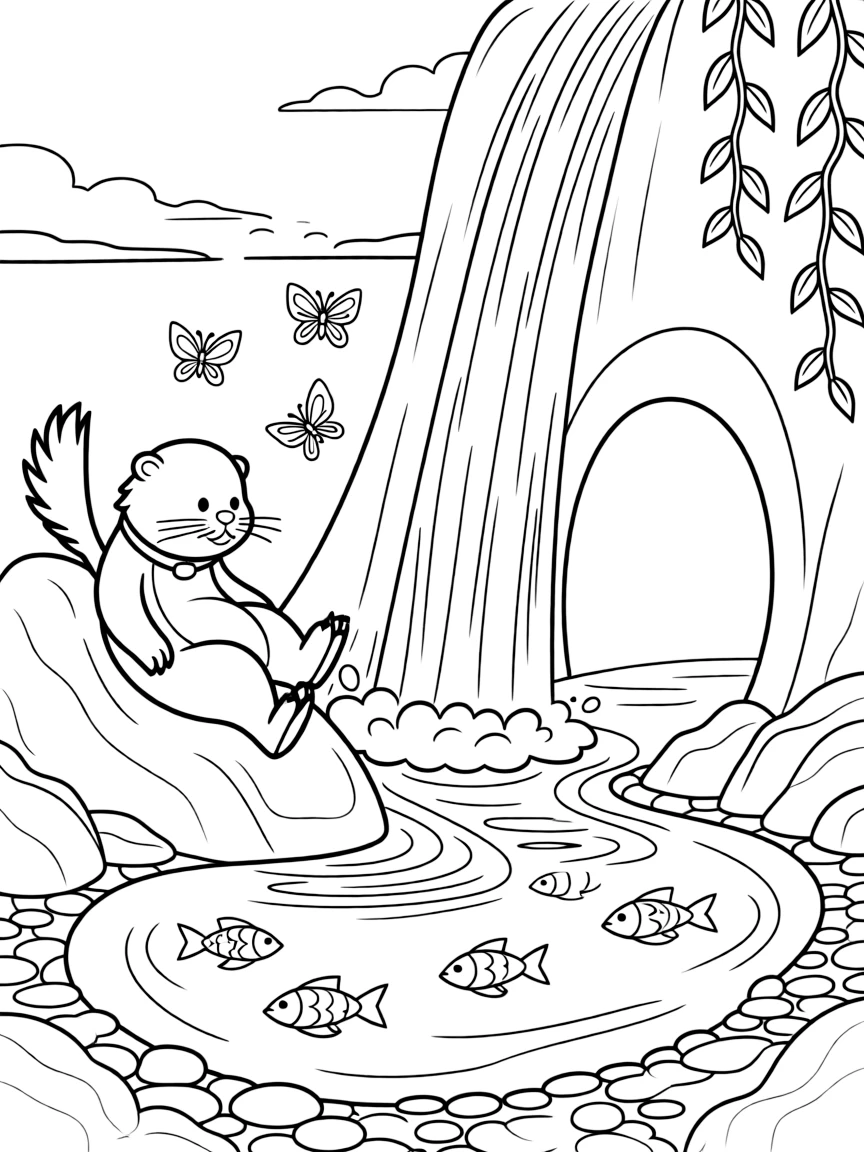 [Waterfalls] A curious otter slides down a smooth rock beside a cascading waterfall into the pool below. Butterflies drift through the mist while fish dart through the clear pool below the falls. A hidden cave sits behind the curtain of falling water, its entrance framed by hanging vines. The steady rush of falling water fills the air beneath a bright, clear sky.
