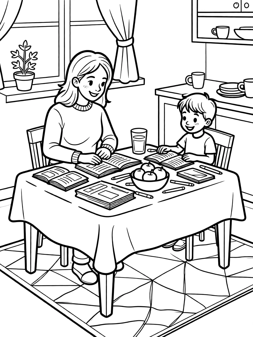 A homeschool parent teaches a lesson at a kitchen table covered in books and crayons.