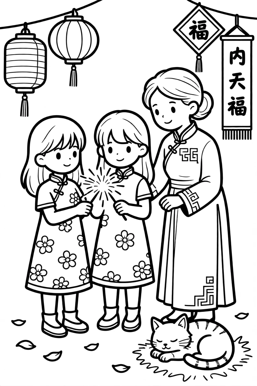 Twin sisters lighting a sparkler during a Lunar New Year celebration with a grandmother while a kitten naps in a sunny spot.