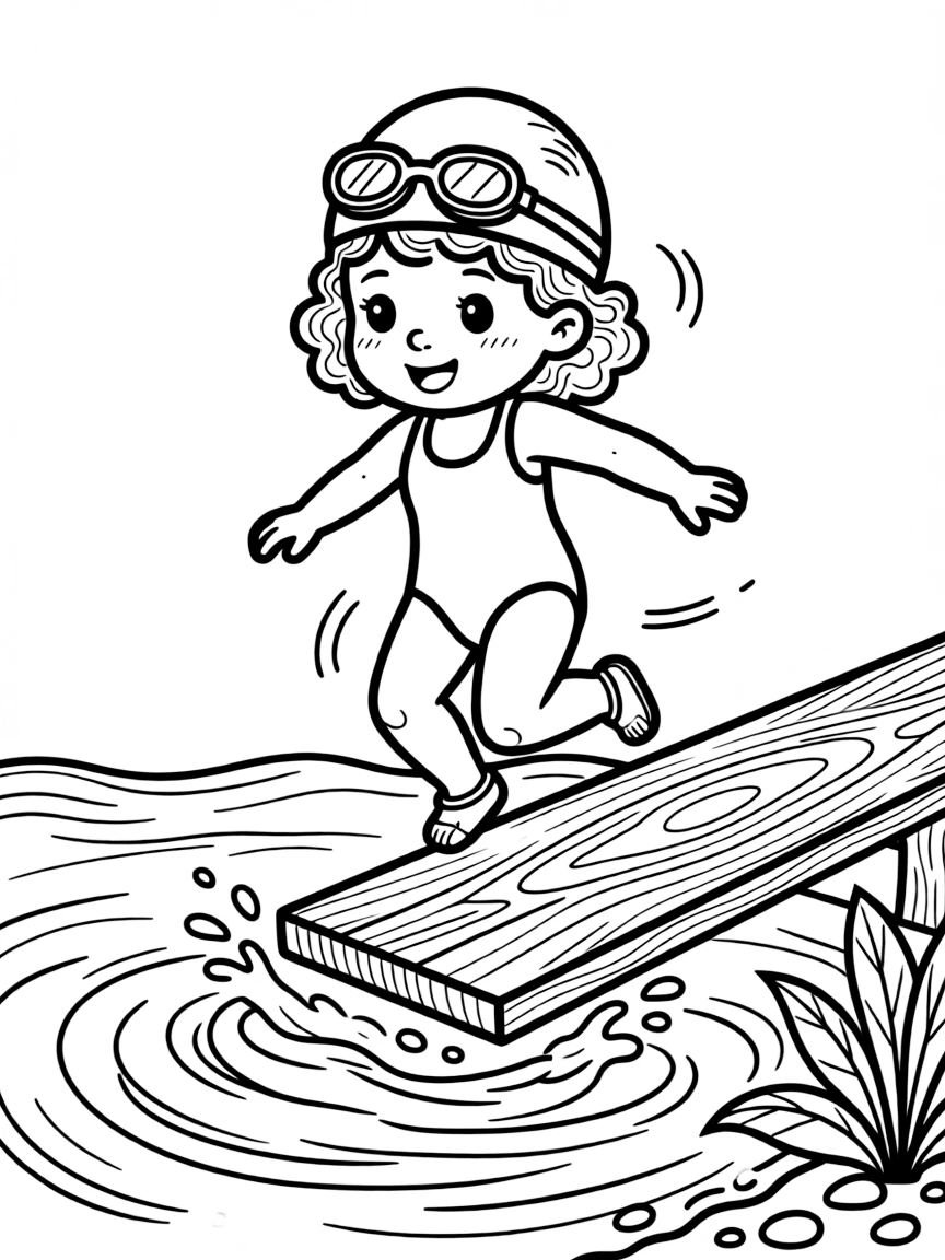 A little girl with curly hair, wearing a swim cap and goggles, bouncing lightly at the end of the board.