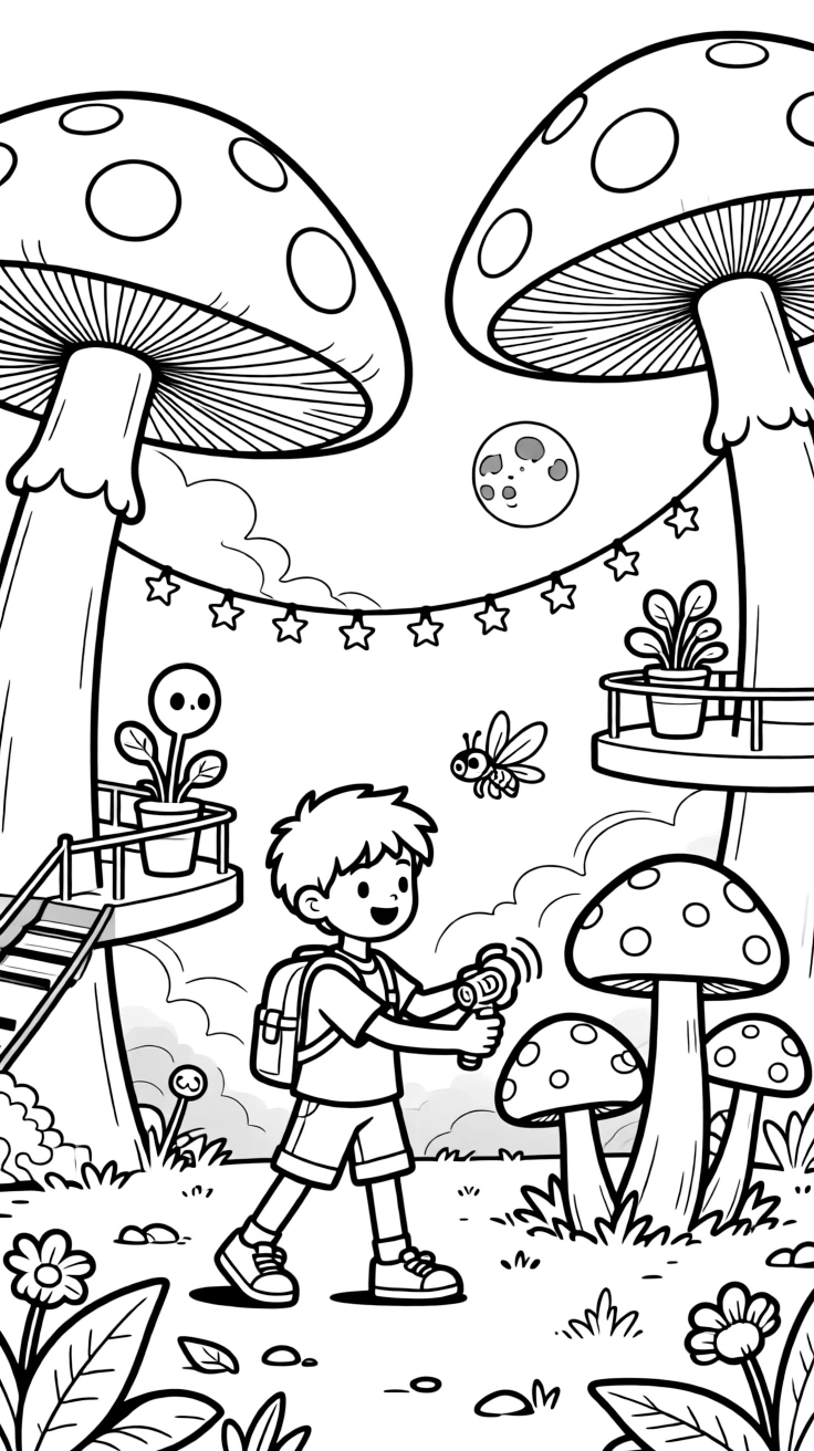 In a jungle of giant glowing mushrooms on a misty alien world, inventor kid Byte testing a sound-wave slingshot collecting glowing mushrooms for a moonlit science fair, while twinkling string lights strung between floating platforms adds to the excitement.