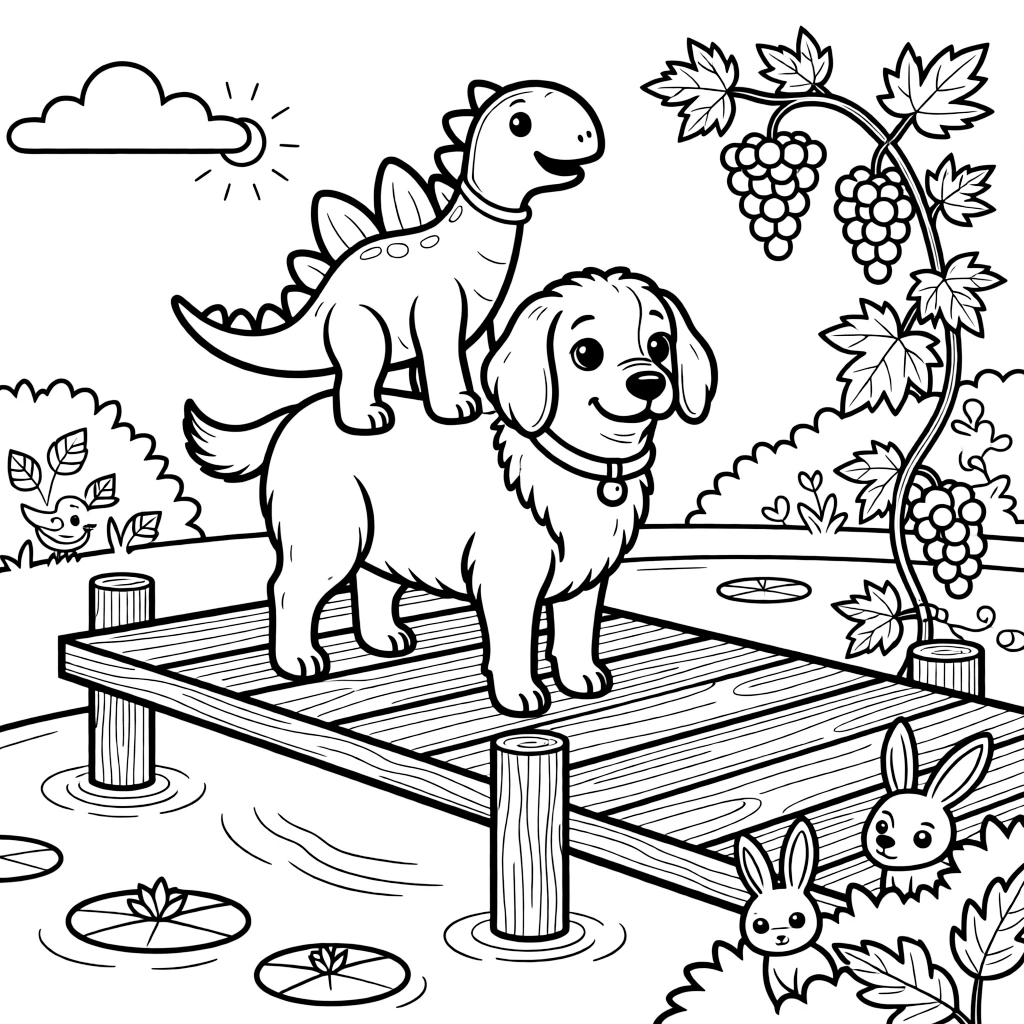 A friendly stegosaurus on a wooden dock over a pond, riding on the back of a sheepdog, next to a vine of grapes, while baby animals peek out from the bushes.
