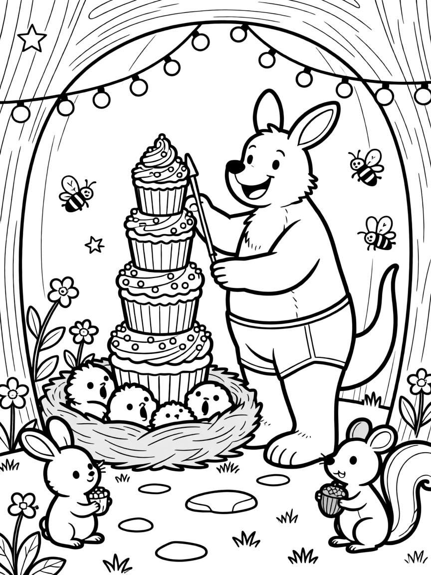 In a cozy burrow decorated with fairy lights, a chubby kangaroo boxer with a big smile discovers the joy of decorating a tower of cupcakes with sprinkles, while a nest of sleepy baby birds watches happily nearby. Every creature nearby wants to join in the fun.