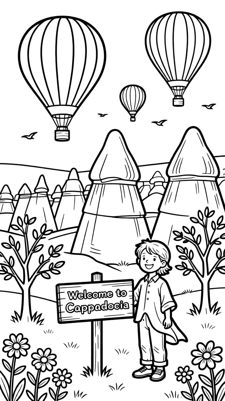 A coloring page inviting kids to explore Turkey through the fairy chimney rock formations of Cappadocia with hot air balloons floating above, with small trees, flowers, and a signpost welcoming visitors nearby.