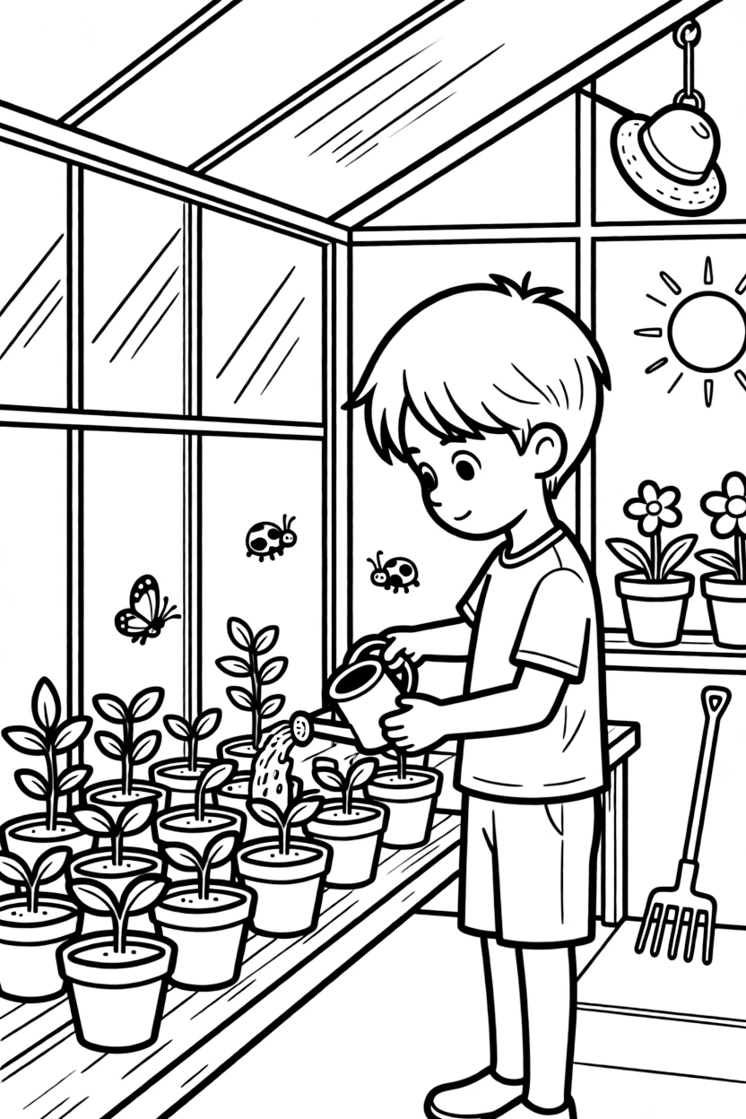 a thoughtful young boy waters seedlings in neat rows inside a sunny greenhouse.