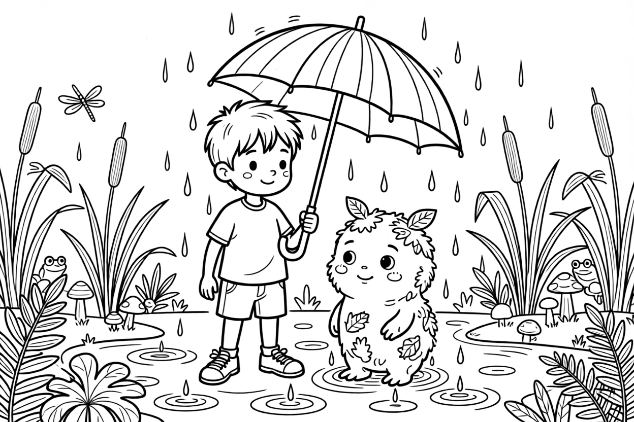 A young boy befriends a shy swamp creature covered in moss, sharing his umbrella during a sudden rainstorm.