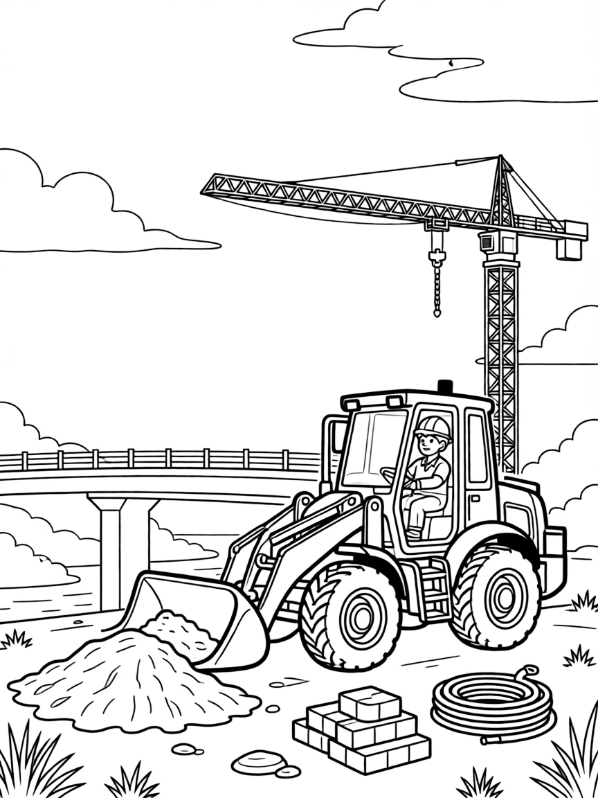 [Construction Vehicles] A dynamic scene shows a front loader scooping dirt leveling a mound of dirt beside a new bridge under construction, concentrating hard with a focused expression. Close by, stacks of bricks and pipes sit nearby. Chains and hooks dangle from the crane arm. The moment unfolds on a foggy morning, under clear blue skies, filled with energetic detail perfect for a young colorist.