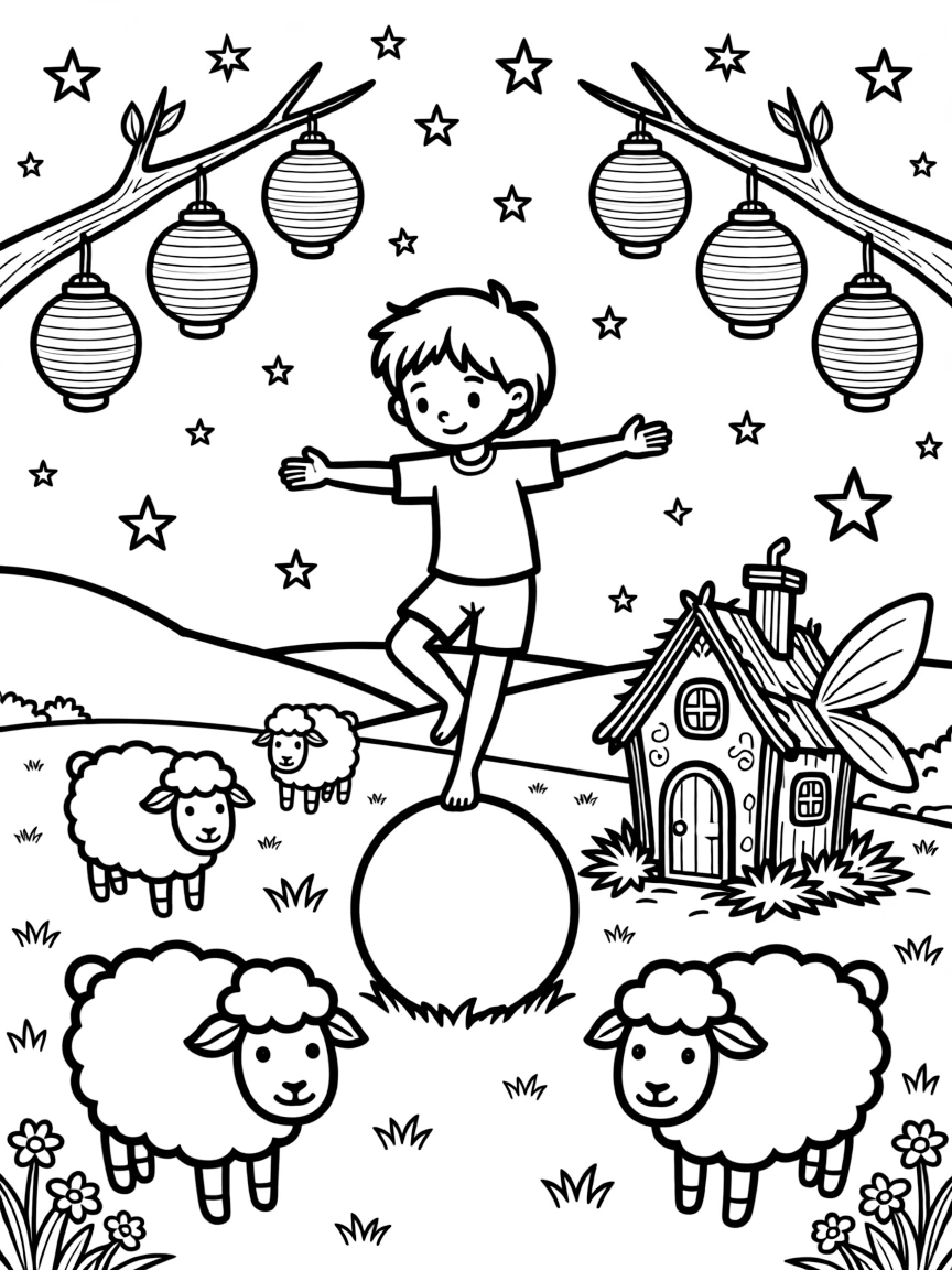 A young circus performer balancing on a big ball is building a fairy house out of twigs and moss in a meadow where fluffy sheep graze. In the background, paper lanterns hanging from low branches and sparkling stars scattered across the sky add to the delightful moment.