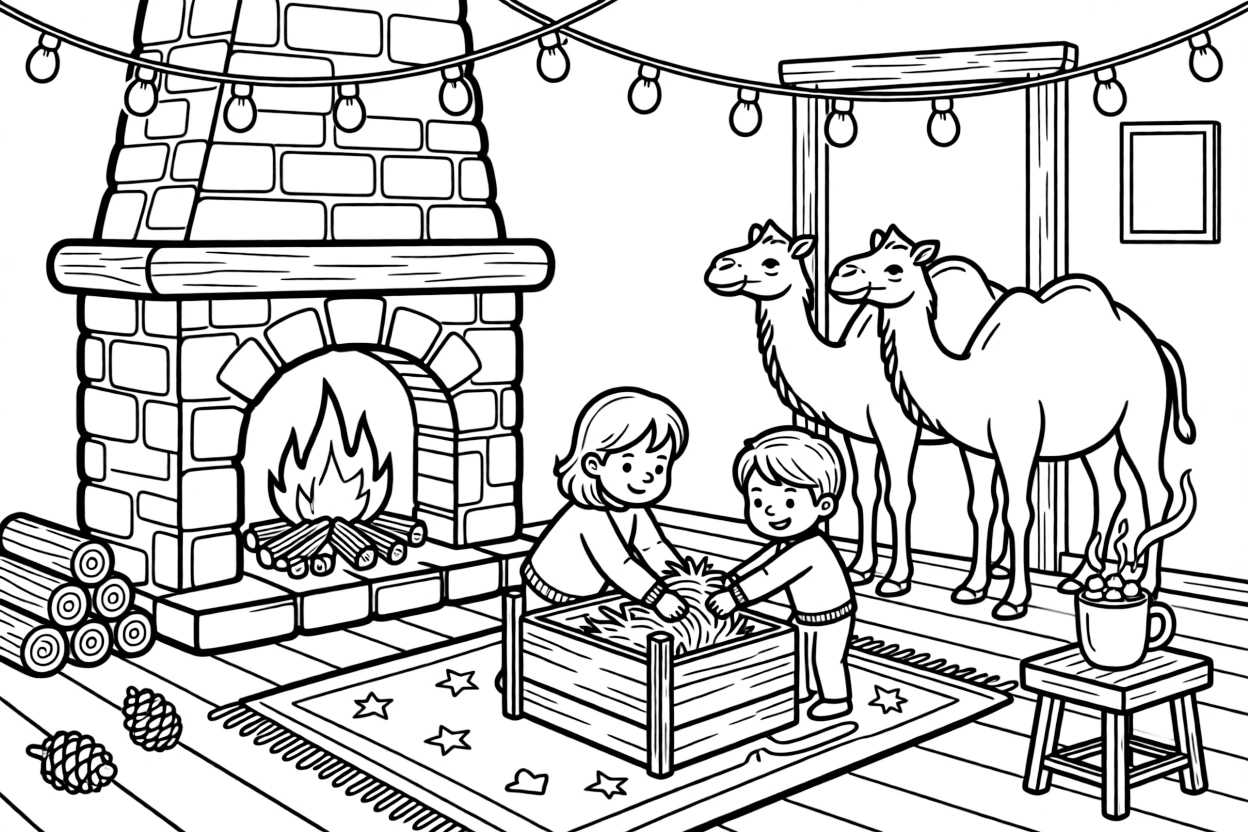A wide view in a cozy cabin with a crackling fireplace, featuring children leaving hay for the visitors' camels, a big sister and her little brother, and a steaming mug of cocoa with marshmallows, with a string of twinkling lights nearby.