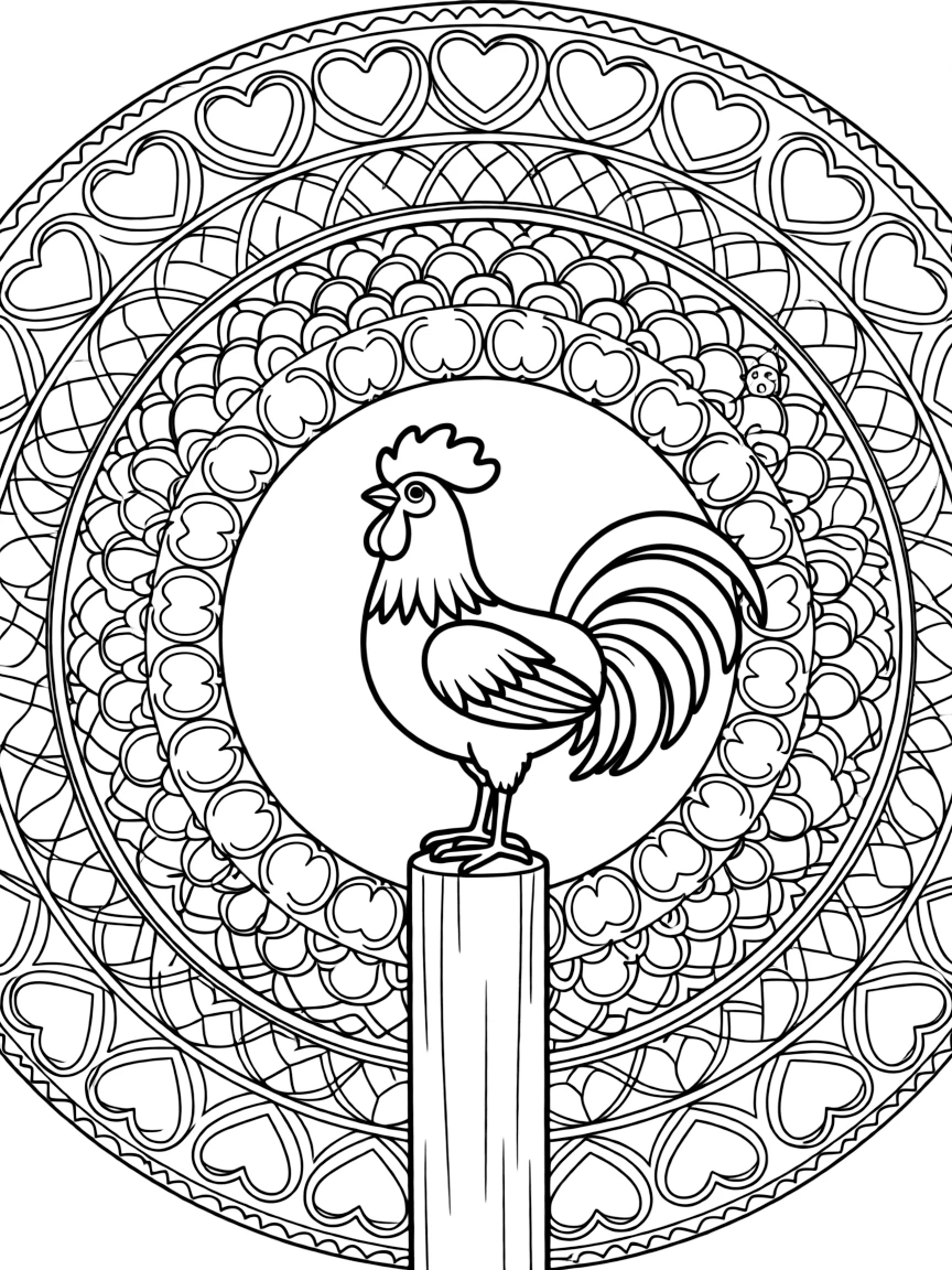 Farm Animals: The main subject is a proud rooster standing atop a fence post, drawn as the focal point of a wheel-spoke mandala radiating from a round hub. It is positioned in the middle of the page so the design radiates outward evenly in every direction. Decorative details fill the surrounding space, including a chain of linked heart shapes, overlapping fish-scale textures, and interlocking circle chains woven throughout the background. A playful extra touch completes the page: a tiny ladybug tucked among the details, easy to spot once found.
