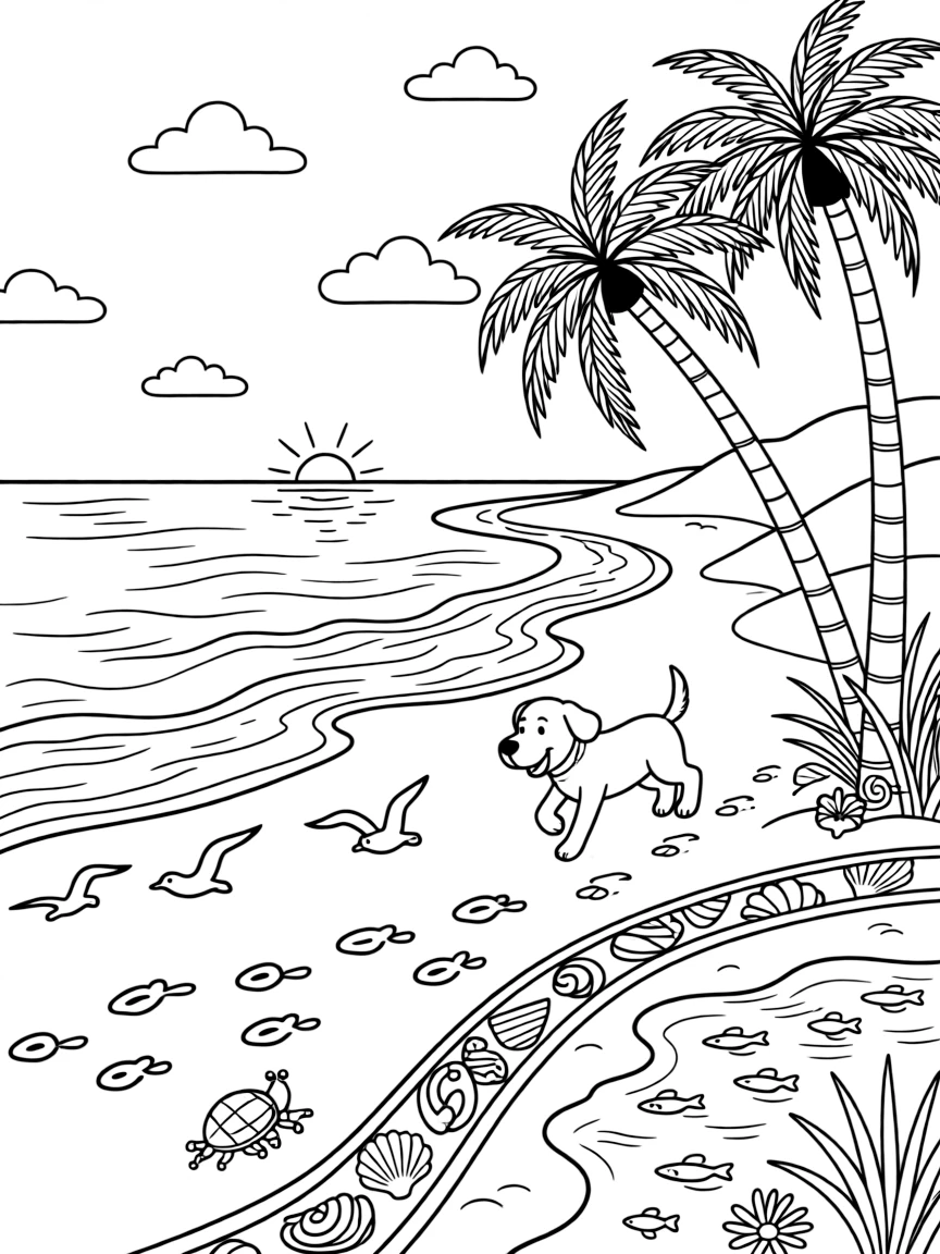 [Sandy Beaches] A little dog chases seagulls along the shore, leaving a trail of paw prints in the wet sand. A hermit crab explores a cluster of tide pools filled with tiny fish and colorful anemones. Palm trees lean over the dunes near a winding path of scattered seashells. The sun sparkles across the gentle waves beneath a sky dotted with fluffy clouds.