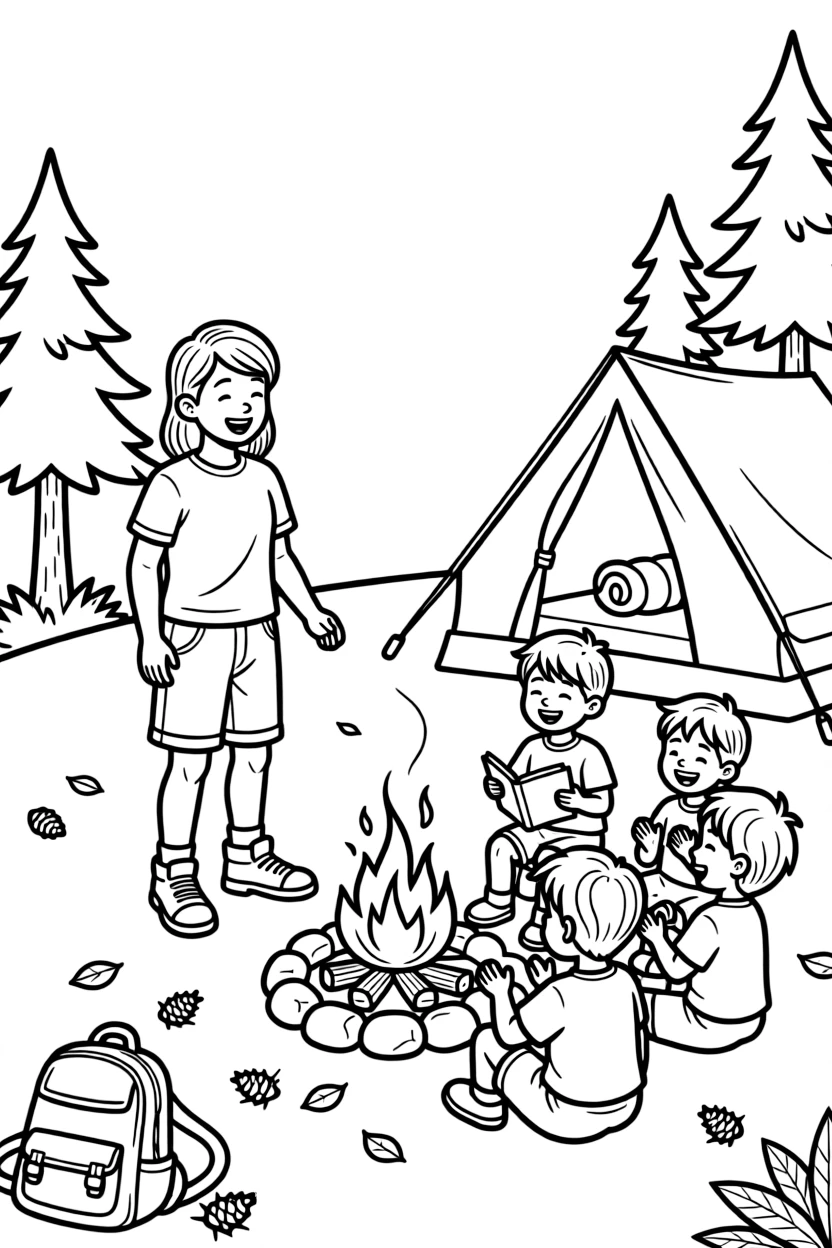 A camp counselor leads a group of kids in a sing-along around a campfire.