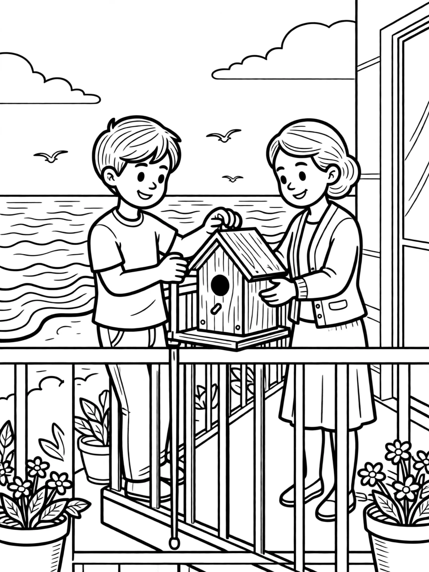 An older brother building a birdhouse together with a grandparent using a cane on an apartment balcony as waves gently lap the shore.