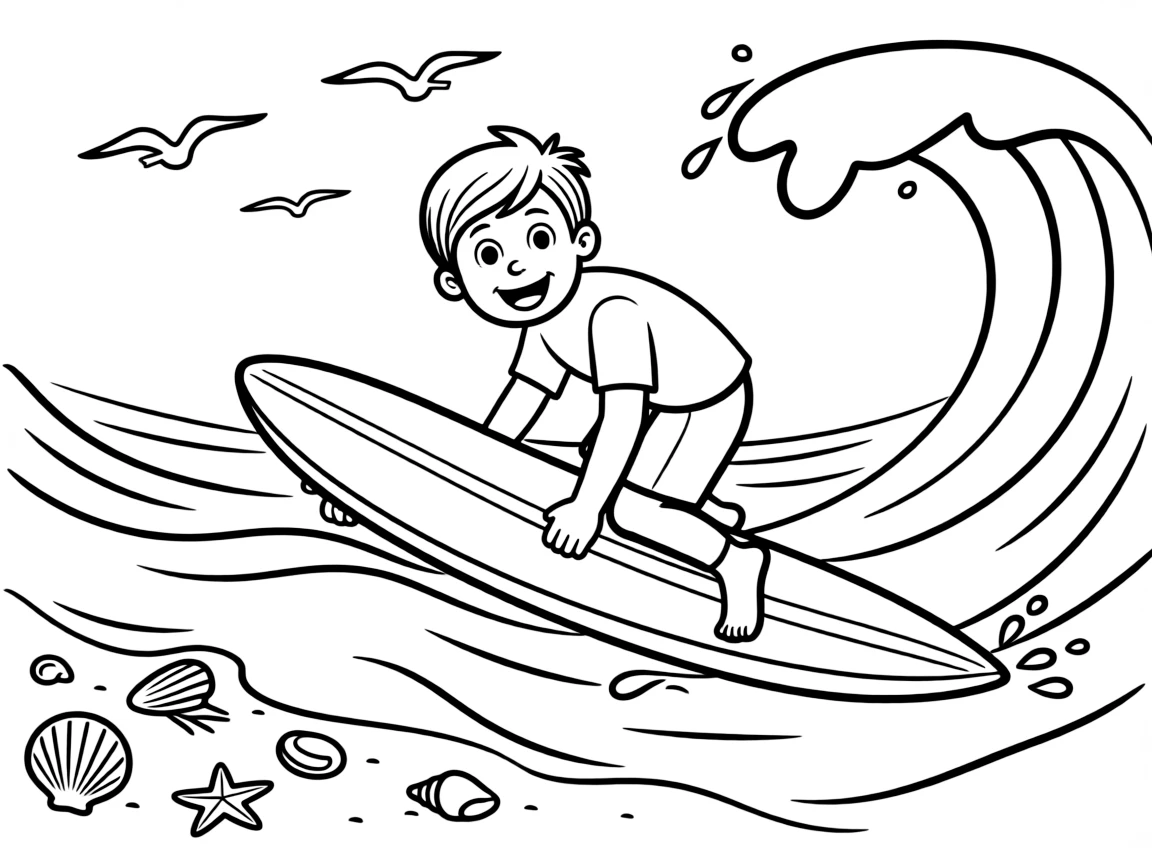 A cheerful young boy, paddling hard to catch a rolling wave before popping up onto the surfboard.
