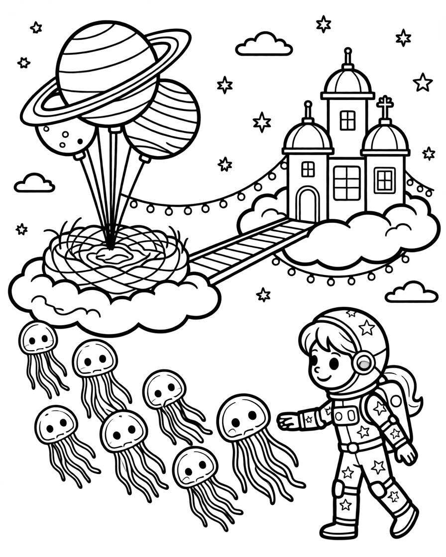 Cadet Stardust, a young space explorer in a starry spacesuit herding a flock of floating jellyfish-like creatures back to their nest in a cloud city built on giant floating platforms above the clouds, as twinkling string lights strung between floating platforms and a cluster of balloons shaped like planets fill the scene.