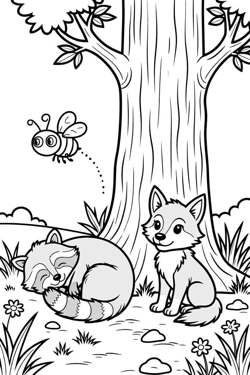 A raccoon napping in a sunbeam next to a wolf pup along a dusty savanna trail, near a giant redwood tree, while a friendly bee buzzes past.