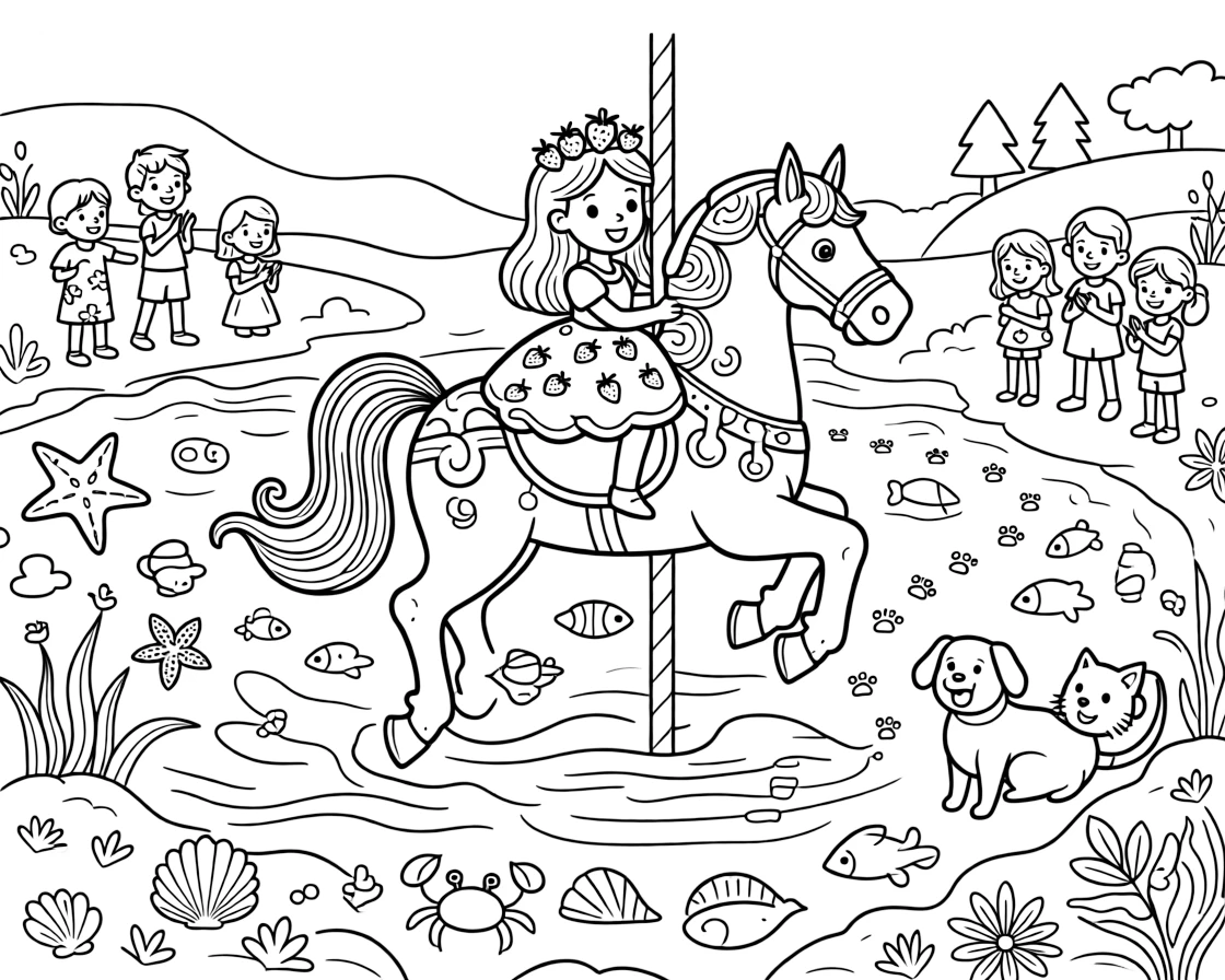 At a tide pool bustling with tiny sea creatures, a proud strawberry princess discovers the joy of riding a carousel horse that has come to life, while a trail of paw prints leading into the distance watches happily nearby. The whole neighborhood has come out to join the fun.