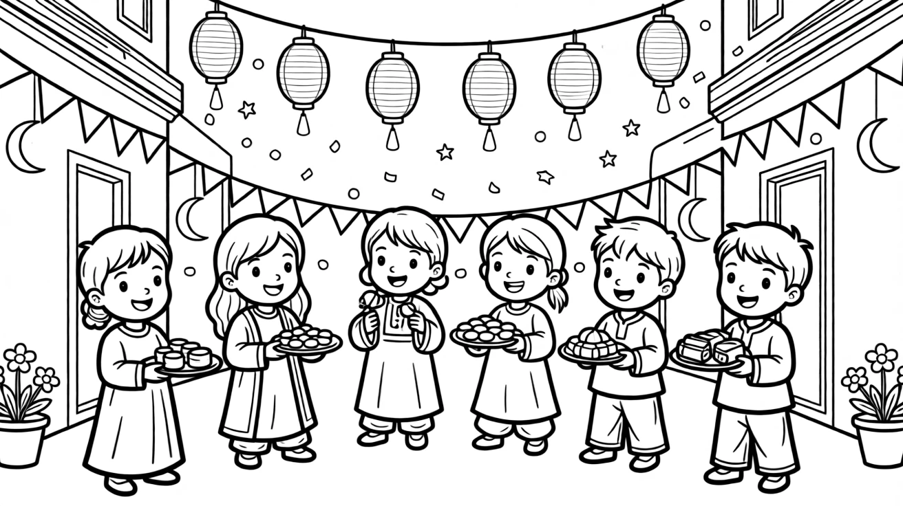 A coloring page capturing a joyful festival moment in Turkey: a lantern-lit street during the Ramadan Bayram celebration with sweets shared among neighbors, surrounded by smiling children, decorations, and confetti in the air.
