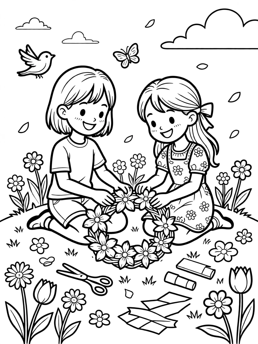 a cheerful pair of best friends makes a wreath of paper flowers for a spring cultural celebration.