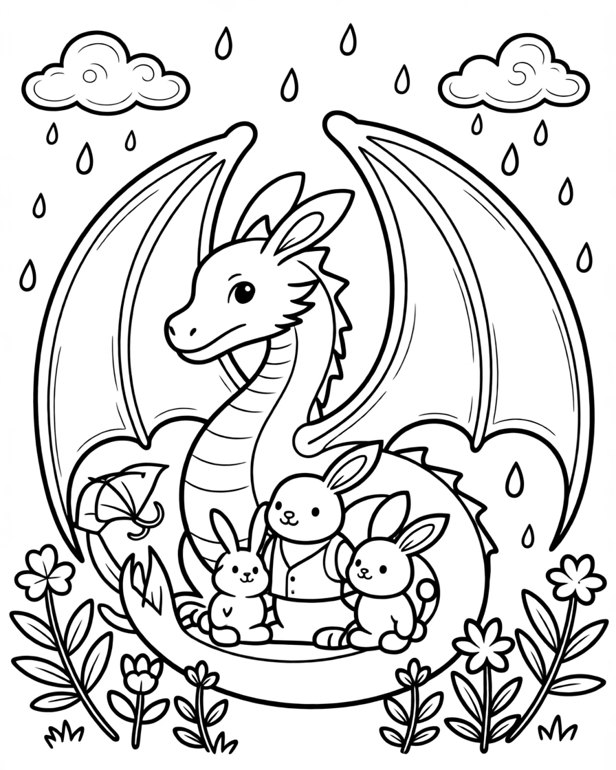 A dragon uses its wings as a canopy to shelter a family of rabbits from a passing thunderstorm.