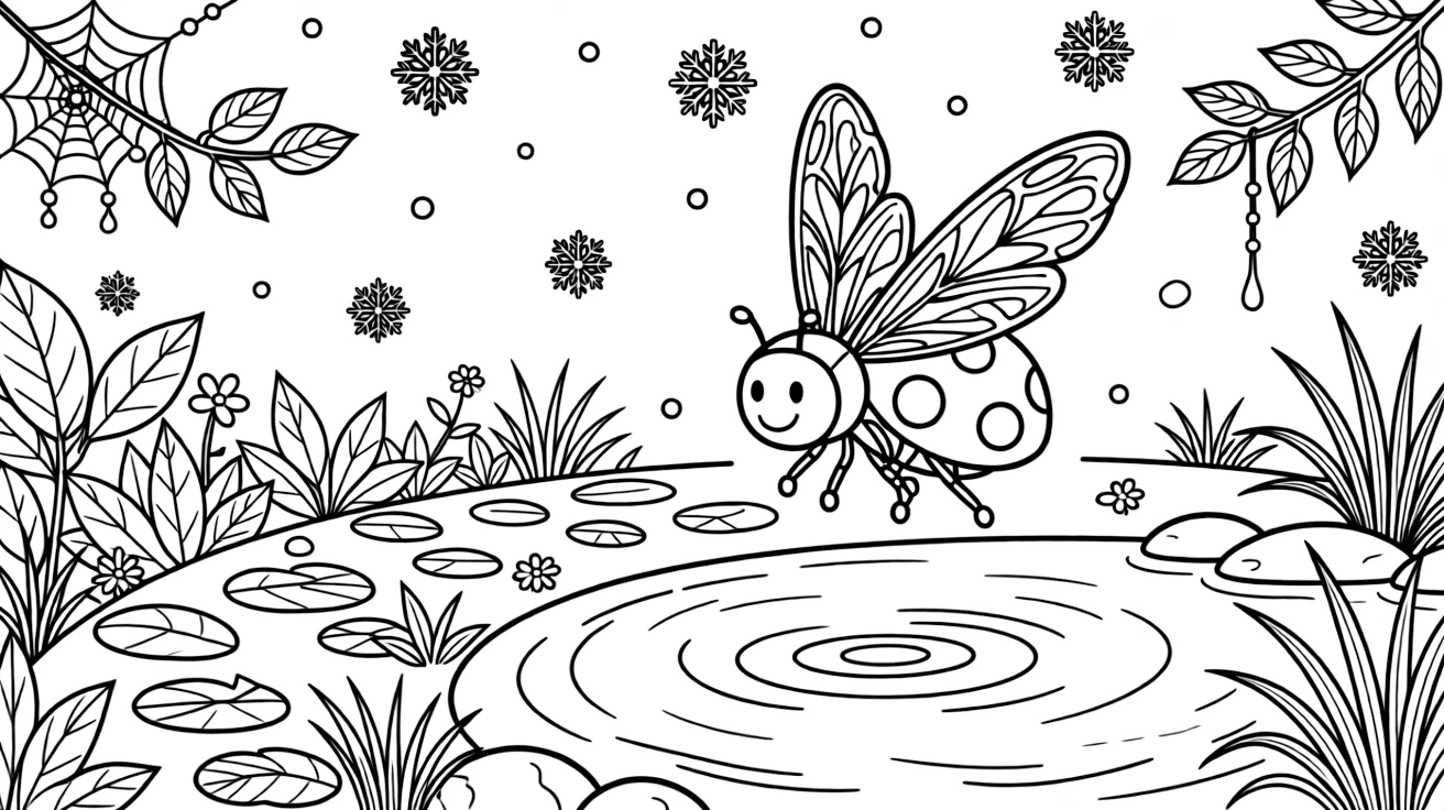 [Insects] A dynamic scene shows a hardworking ladybug hovering above a pond on a leafy garden path, smiling proudly. Close by, a spider web glistens in the corner. Delicate wings show intricate patterns. The moment unfolds on a foggy morning, with snow gently falling, filled with energetic detail perfect for a young colorist.