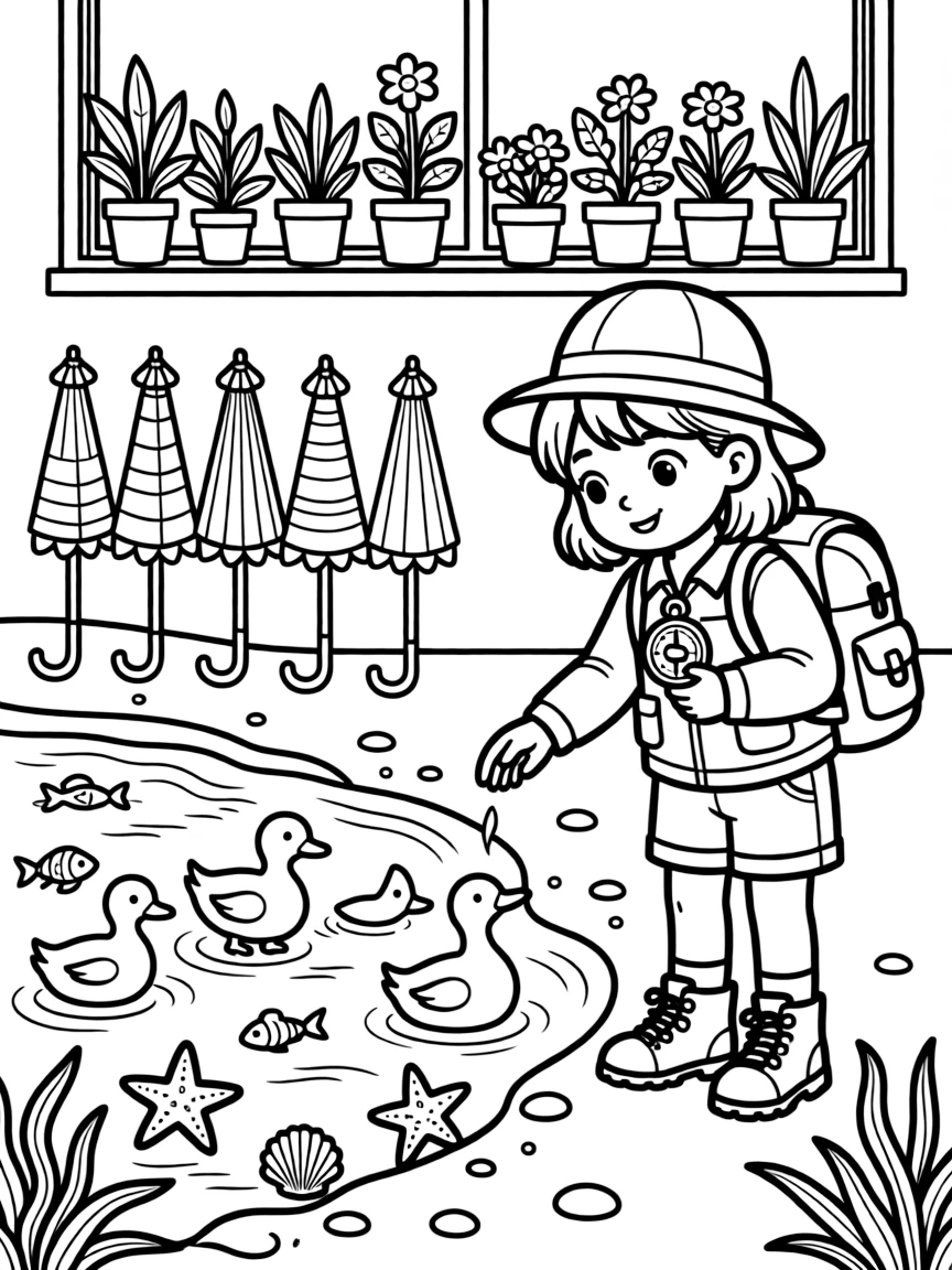 A girl explorer with a backpack and compass is feeding a family of ducks by the water's edge at a seaside tide pool full of tiny creatures. All around, a row of colorful umbrellas and a row of potted plants along a windowsill add to the delightful moment.