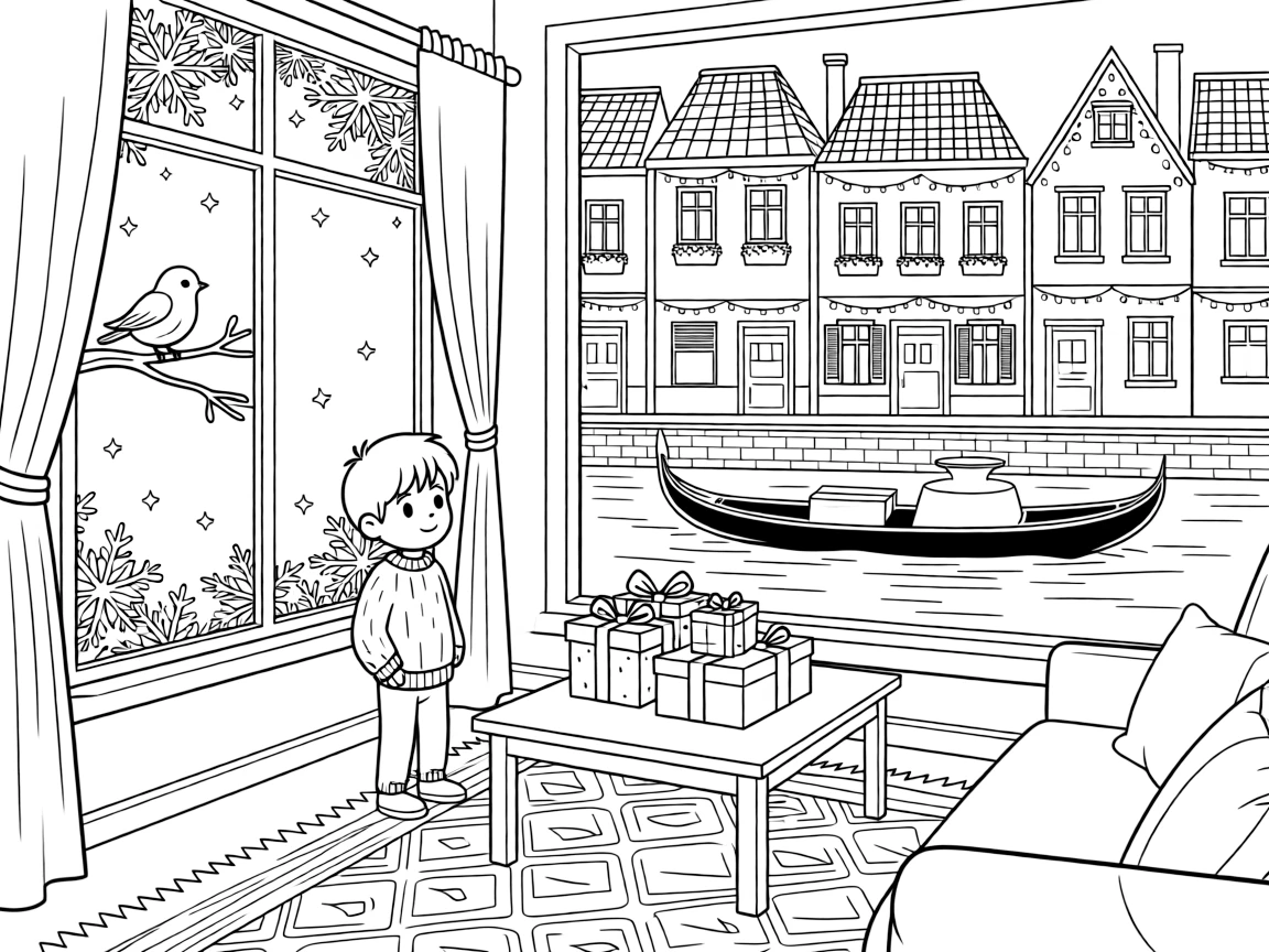 A gondola gliding past decorated canal buildings in a warmly lit living room with frost on the windows, alongside a curious little boy and a stack of wrapped gifts, with a robin perched on a snowy branch close by.