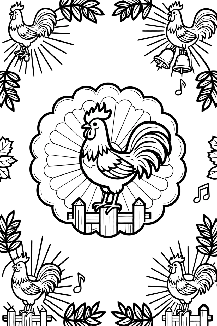 Farm Animals: The page centers on a repeating motif of a proud rooster standing atop a fence post, built around a cloud-ring mandala made of puffy overlapping curves. The motif is repeated in a corner-to-corner border that circles the entire page, leaving a round open area in the middle. Decorative details fill the surrounding space, including rays fanning out like a small sunburst, clusters of tiny bells, and layered leaf clusters woven throughout the background. A playful extra touch completes the page: a few tiny musical notes drifting near one corner of the page.