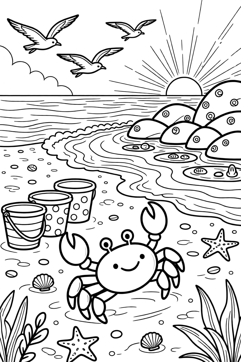 [Sandy Beaches] A friendly crab scuttles sideways across the sand, dodging a row of colorful beach buckets. Seagulls circle overhead while starfish and shells are scattered across the wet sand. Rolling waves crash near a cluster of smooth rocks dotted with barnacles and tide pools. Golden sunset light glows across the sand as the tide slowly rolls in.