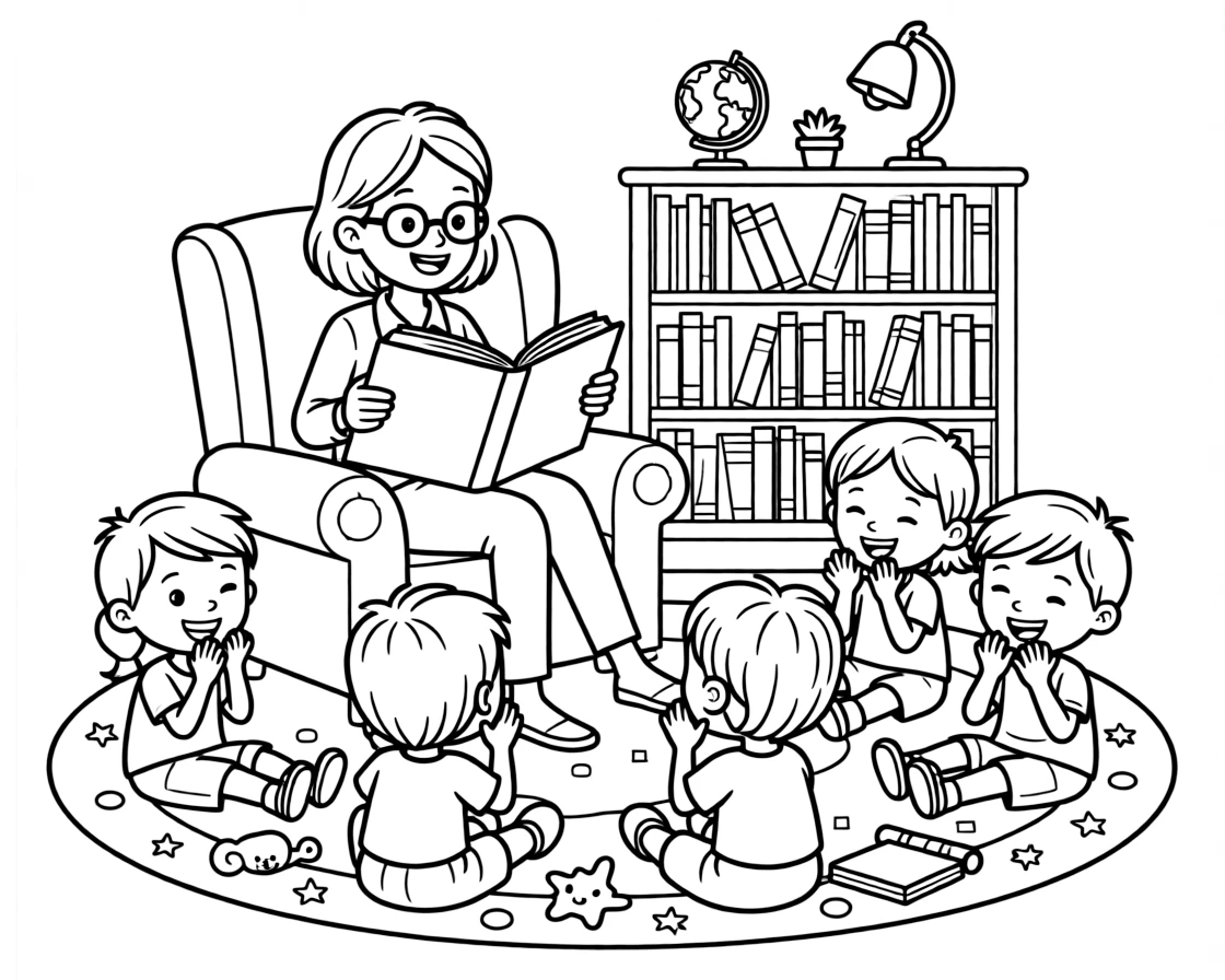 A librarian storyteller reads with funny voices to a circle of giggling children.
