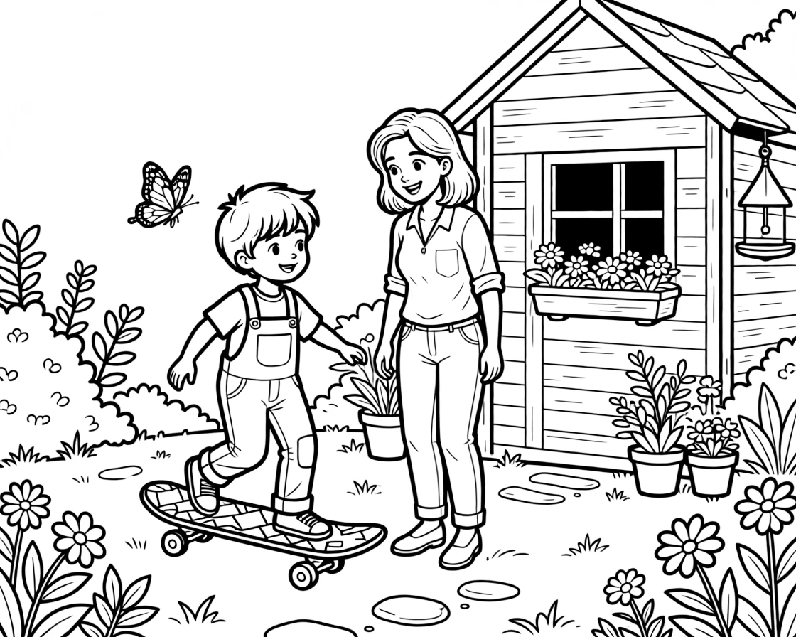 A boy in overalls learning to skateboard with a single mom by a garden shed while a butterfly visits nearby.