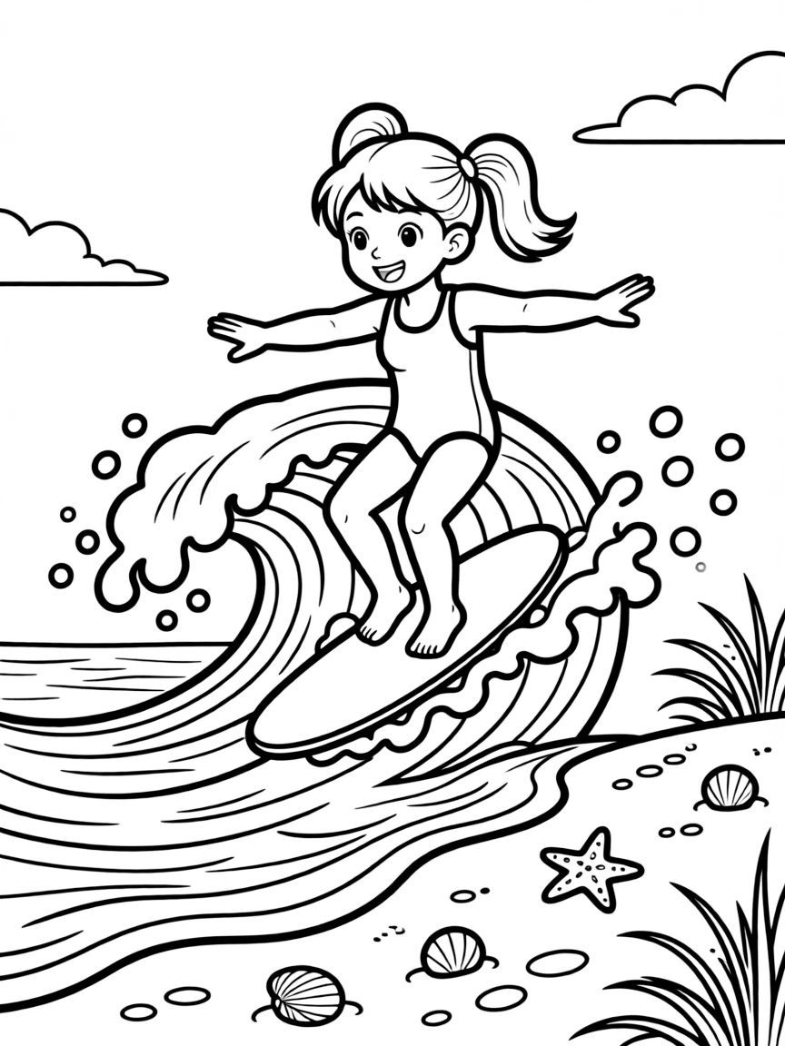 A determined girl with pigtails, riding a curling wave with arms outstretched for balance near the shore.