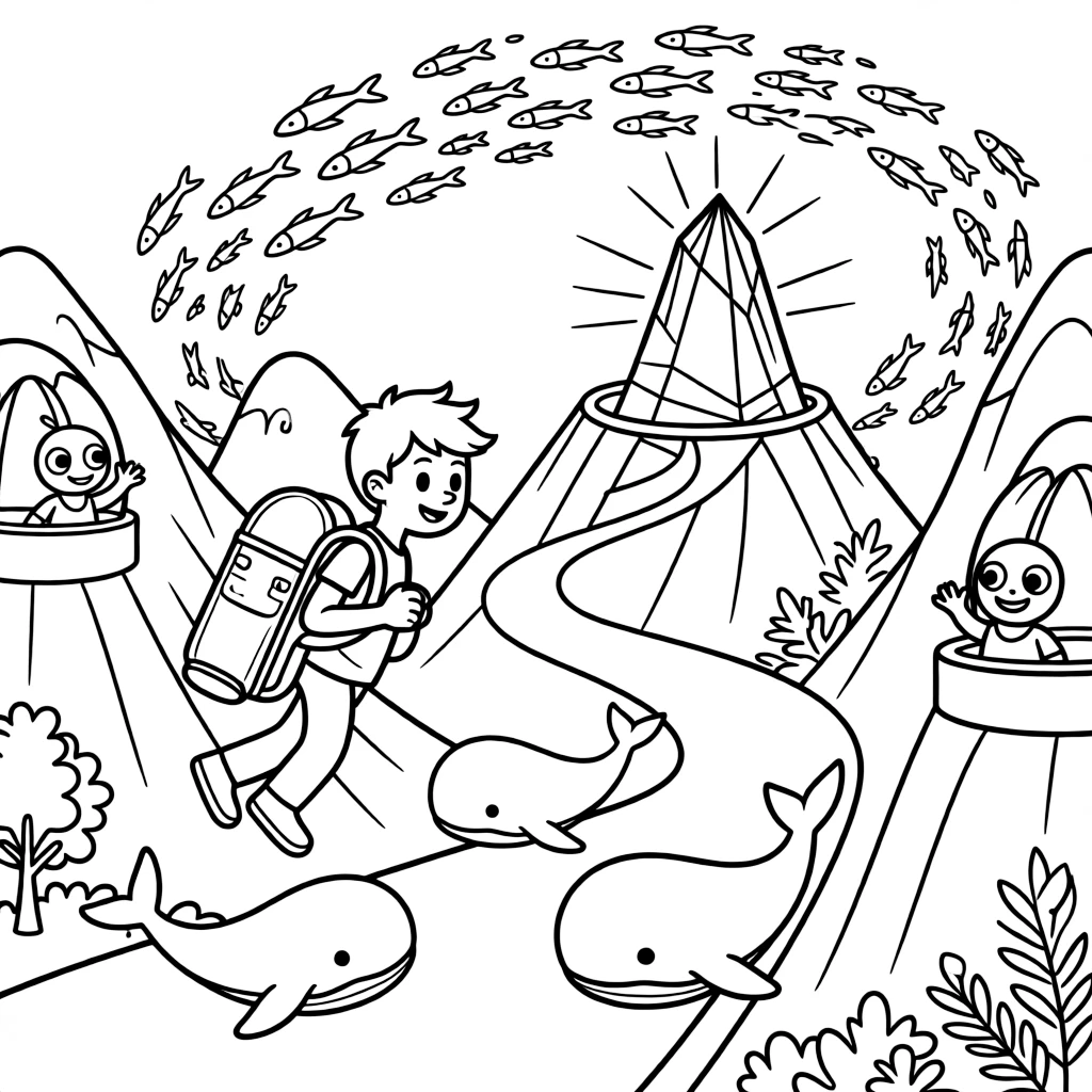 Inventor kid Lumen testing a jetpack backpack guiding baby space whales back to their migration path in a mountain trail winding up to a glowing crystal peak, as a school of glowing space fish swimming through the air and friendly aliens waving from nearby balconies fill the scene.