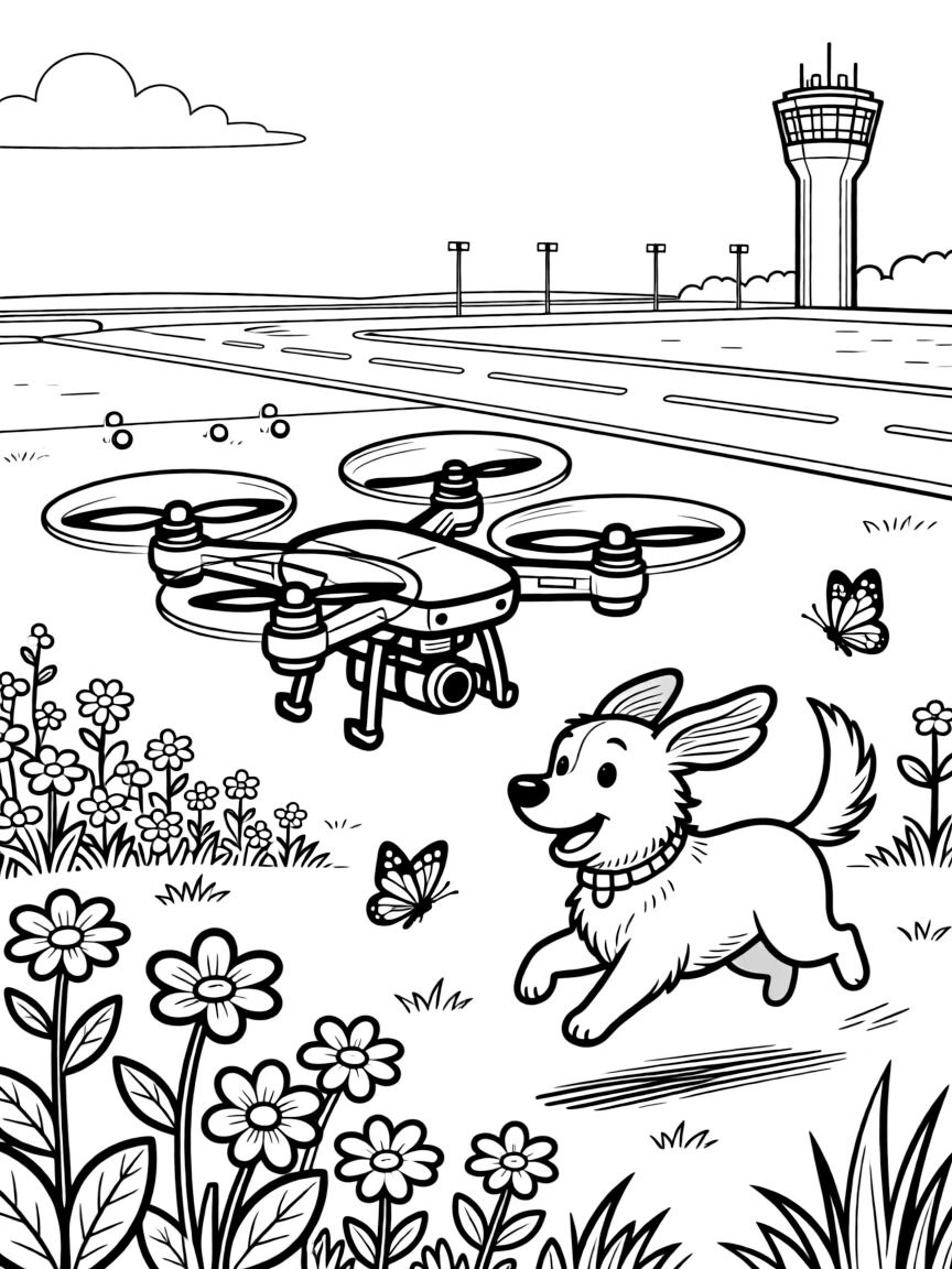 A buzzing camera drone hovering over a park is shown journeying through a busy airport runway with a control tower in the distance, with a friendly dog with its ears flapping in the wind close by and butterflies fluttering near a patch of wildflowers completing the lively scene.