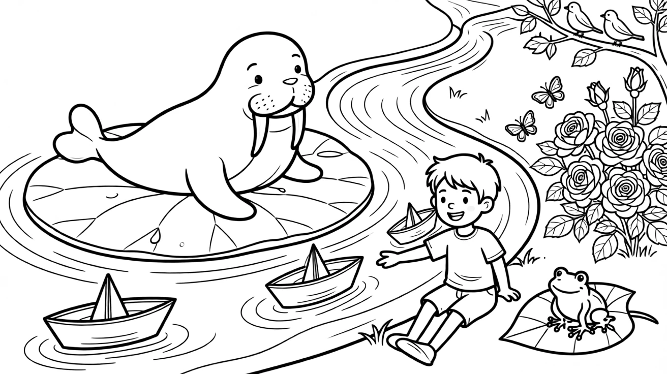 A walrus on a floating lily raft, floating paper boats down a stream with a frog, next to a rose bush.