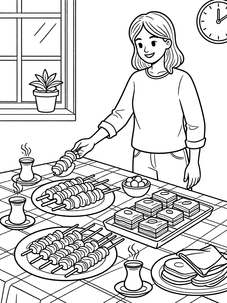 A coloring page showing a delicious spread from Turkey: a table of kebabs, baklava, and small cups of tea, set out on a table with a friendly family member serving portions.