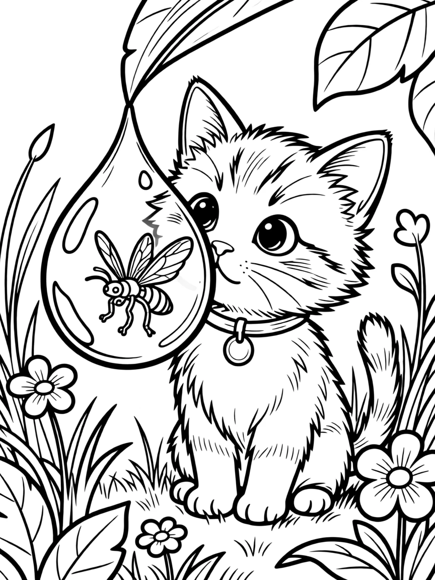 a bold a kitten peers through a dewdrop like a magnifying glass at a tiny insect.