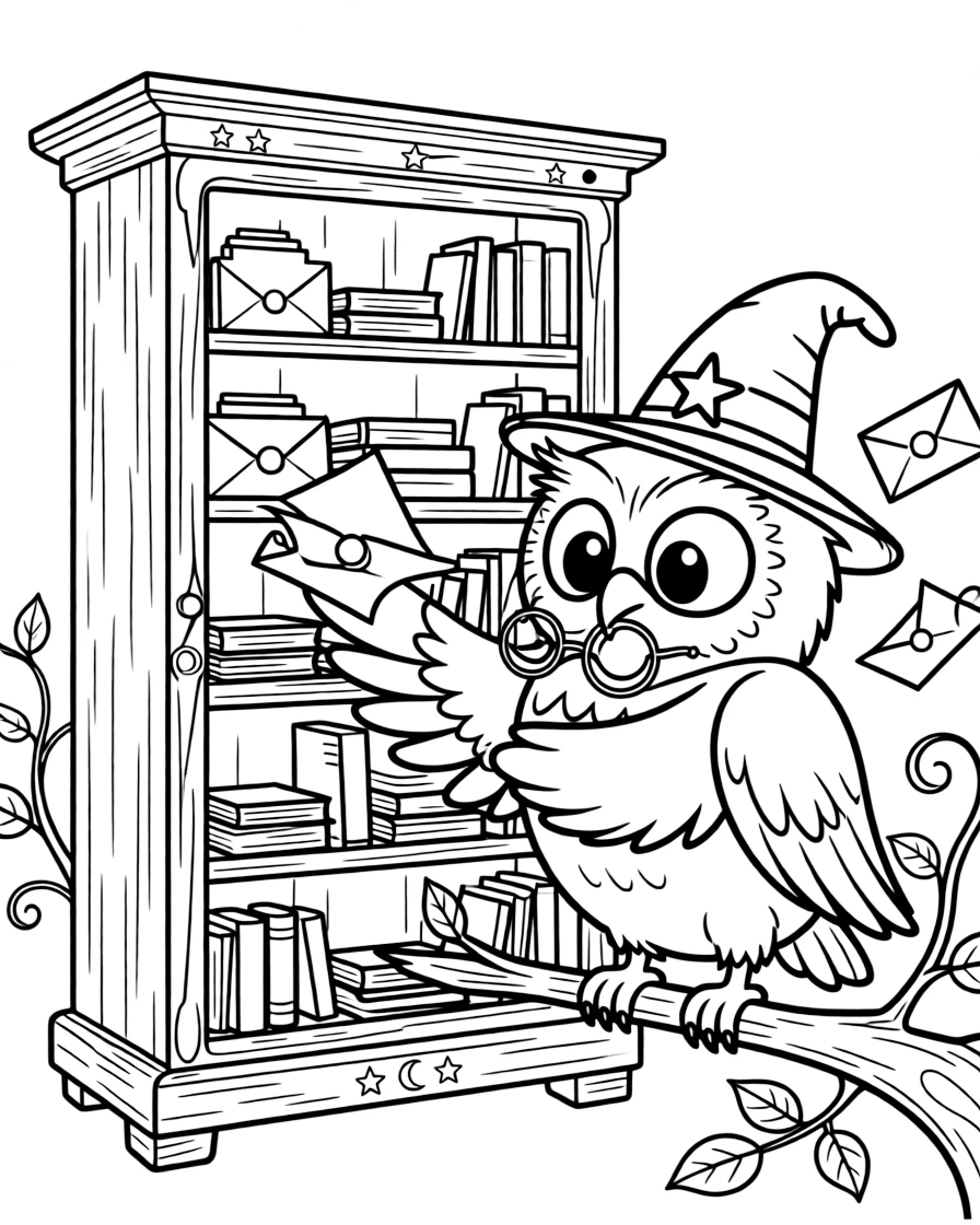 A wizard's owl familiar wears tiny spectacles and helps sort enchanted mail into pigeonholes carved from an old bookshelf.