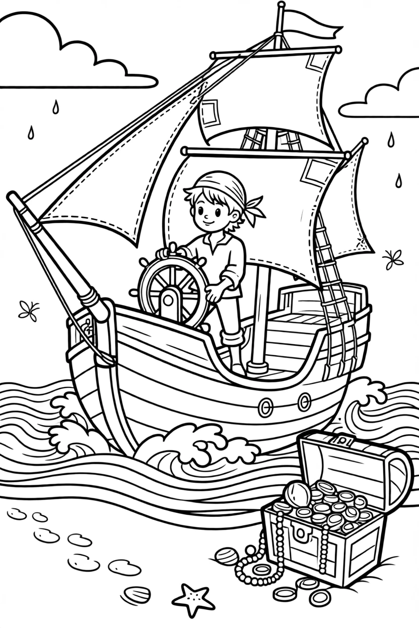 [Pirates] a young pirate cabin boy steering a ship through stormy waves on the deck of a pirate ship, smiling proudly. Nearby, a treasure chest overflows with gold coins and jewels. Footprints lead across the sandy beach. The scene is captured just after a rainstorm, with fireflies beginning to glow, giving the page a lively and adventurous feel that invites plenty of colorful detail.
