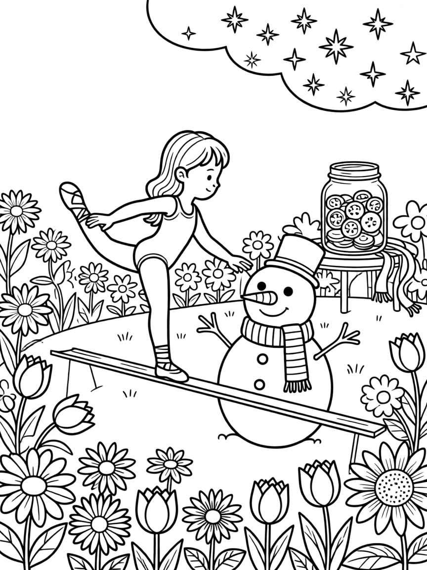 A girl acrobat walking along a low balance beam is building a snowman complete with a carrot nose in a sunny flower garden bursting with blooms. In the background, a jar of colorful buttons and ribbons and sparkling stars scattered across the sky add a playful, cheerful touch.