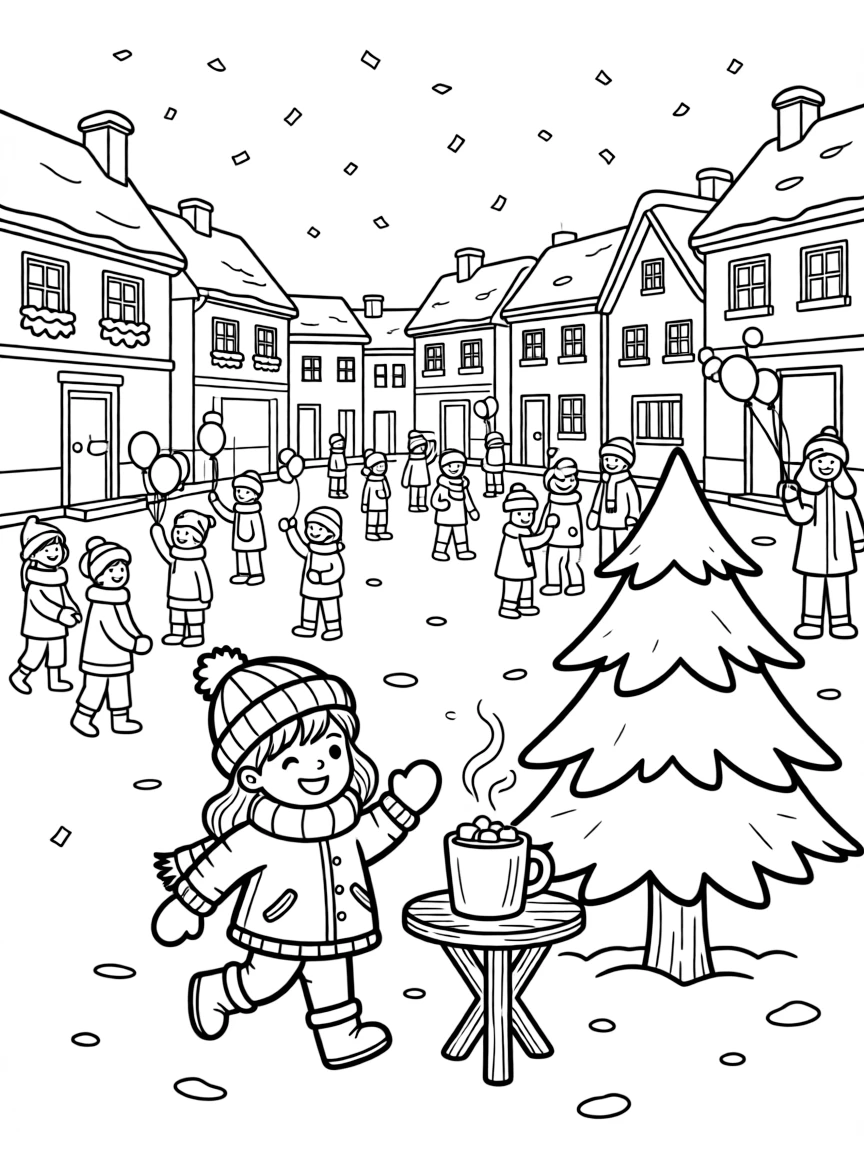 Confetti drifting over a crowded plaza on a snow-covered village square, with a joyful little girl playing close by amid a snow-covered pine tree and a steaming mug of cocoa with marshmallows.
