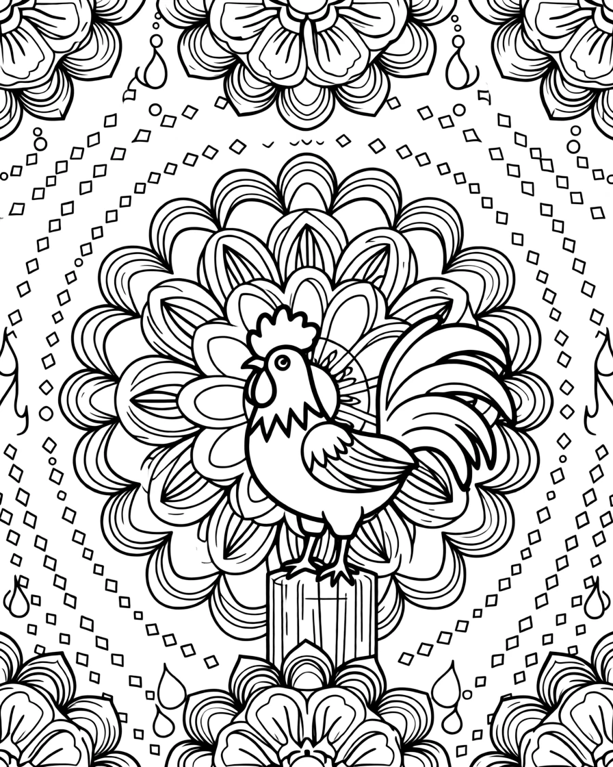 Farm Animals: The page presents a small themed scene built around a proud rooster standing atop a fence post, tied together by a layered rosette mandala with overlapping round petals. The scene is positioned in the middle of a balanced layout, with smaller matching details arranged above and below. Decorative details fill the surrounding space, including a repeating chain of small diamonds, a trail of evenly spaced dots, and flame-shaped tips curling upward woven throughout the background. A playful extra touch completes the page: a cluster of small bubbles rising near one side of the page.