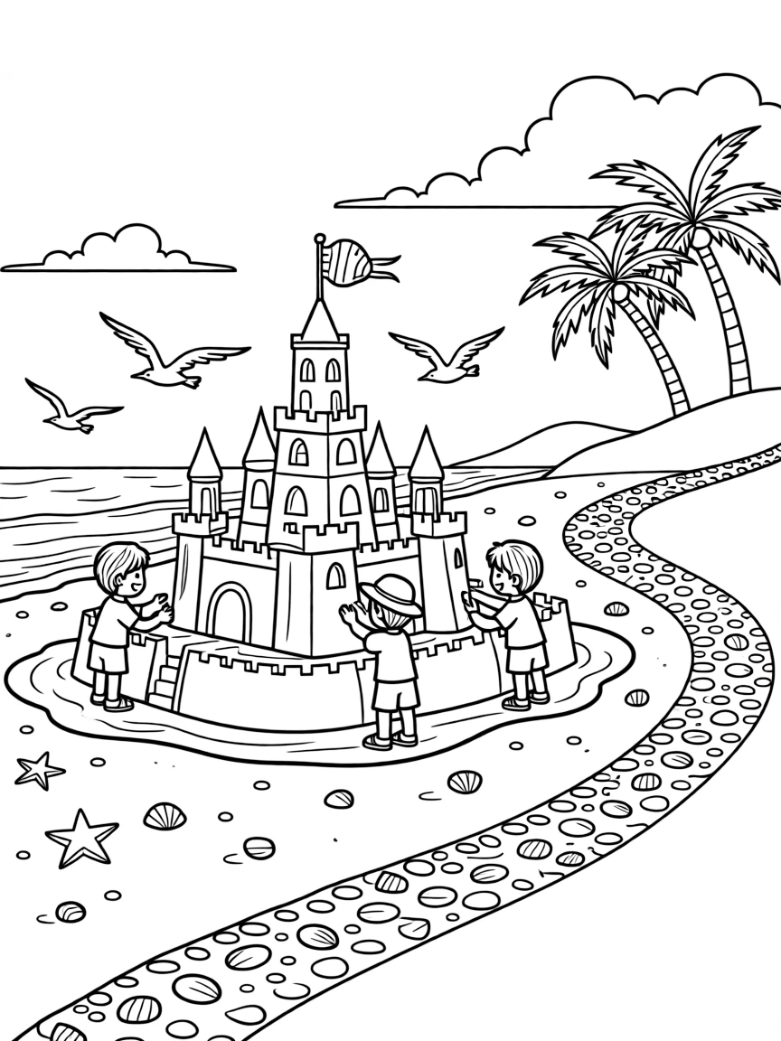 [Sandy Beaches] A group of children build an elaborate sandcastle complete with towers, a moat, and a seashell flag. Seagulls circle overhead while starfish and shells are scattered across the wet sand. Palm trees lean over the dunes near a winding path of scattered seashells. Fluffy clouds drift over the shoreline while gentle waves lap at the sand.