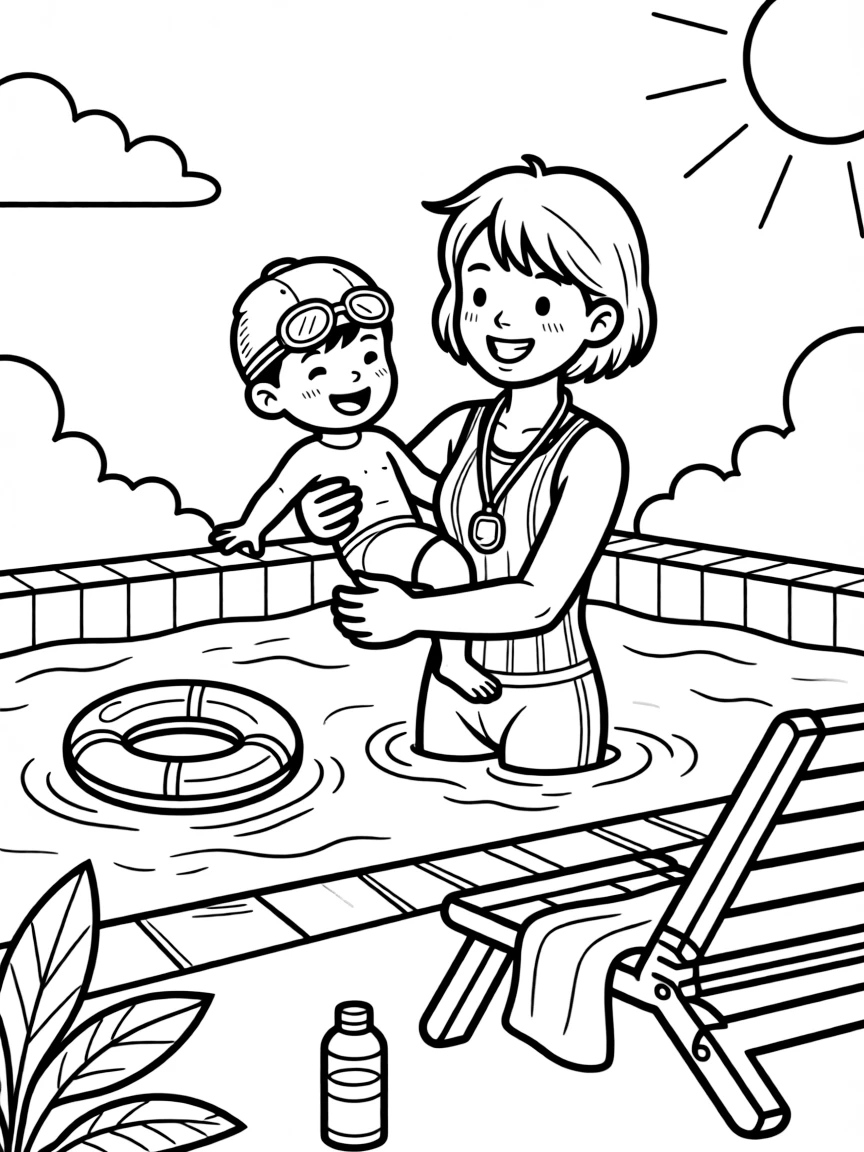 A swim instructor holds a floating child steady in a sunny outdoor pool.