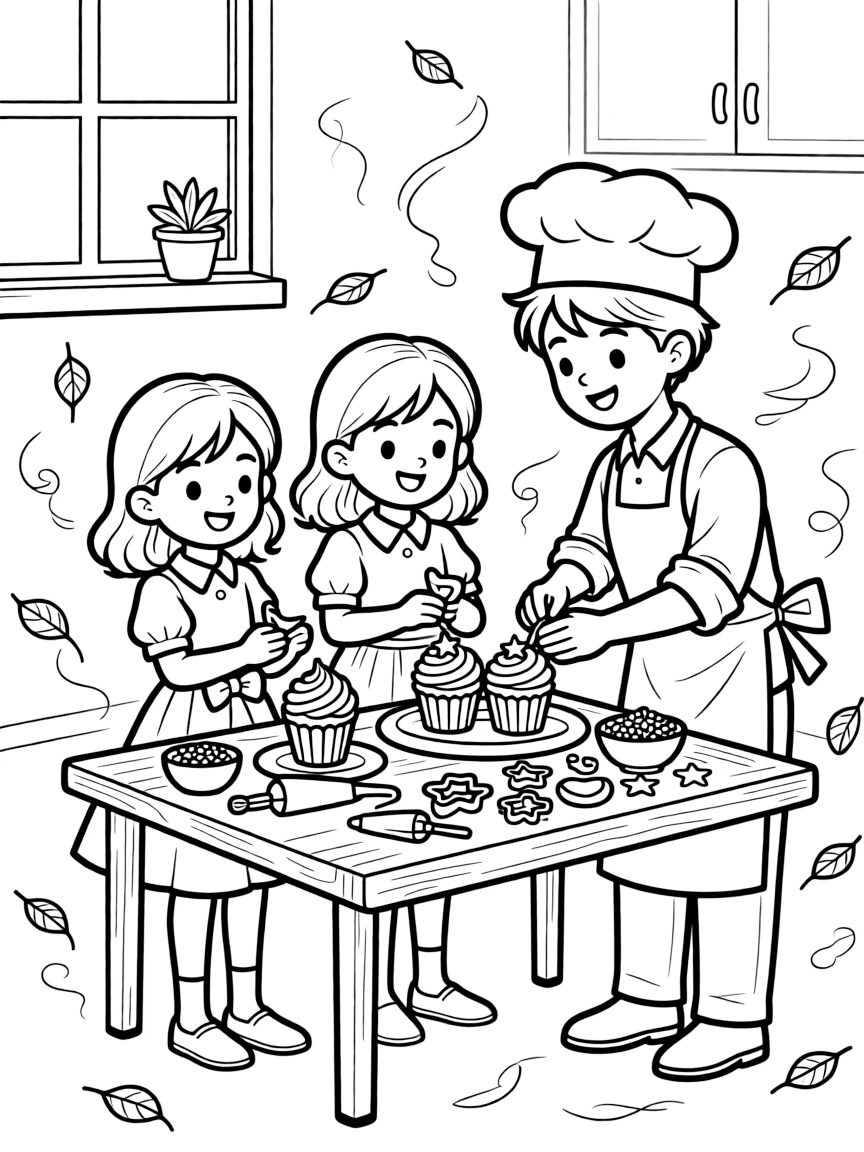 Twin sisters helping decorate cupcakes with a baker as fallen leaves swirl in the breeze.