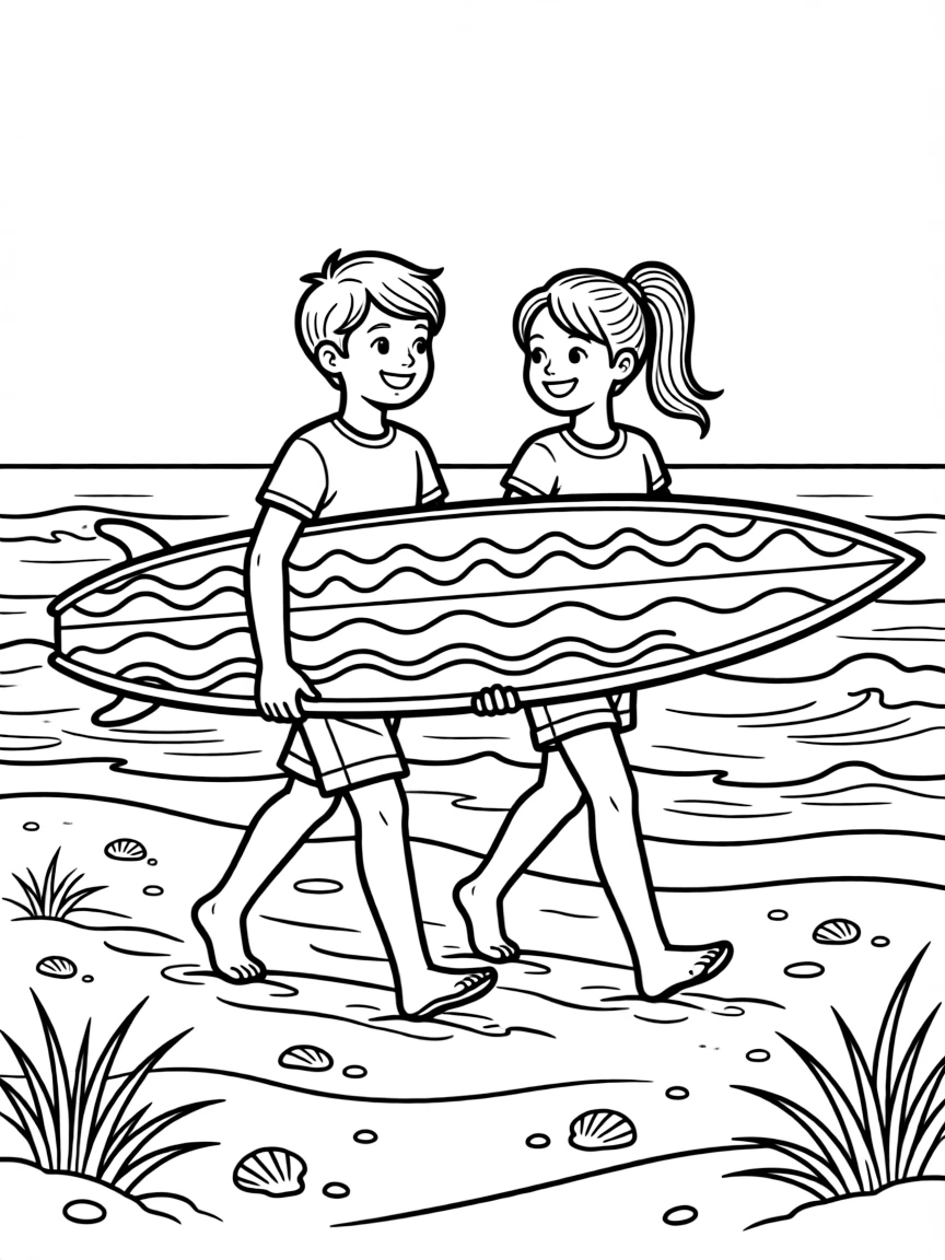 A pair of best friends, carrying a colorful surfboard under one arm while walking across warm sand.