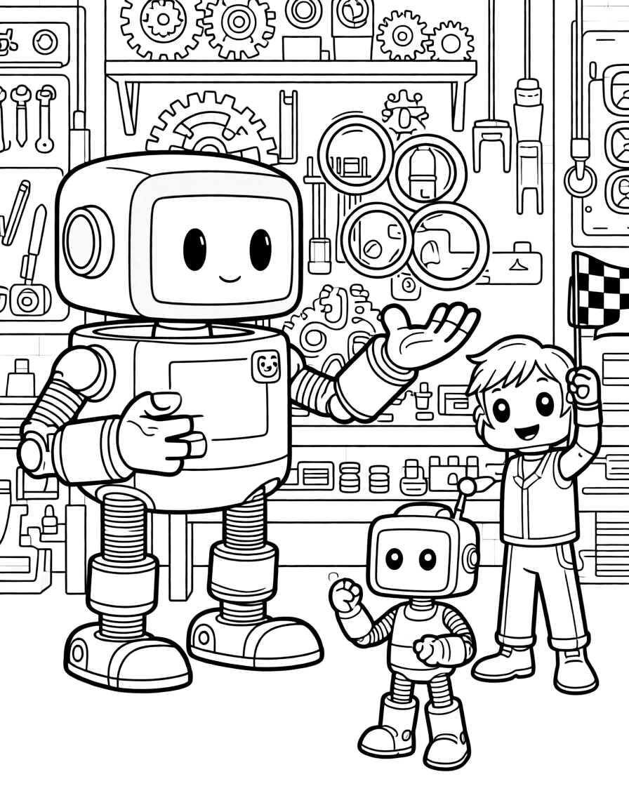 Beep-Boop, a robot with spring-loaded feet practicing a magic trick with holographic light rings, in a robot workshop cluttered with gears, wires, and half-built inventions, with a friendly robot waving a checkered flag and a small robot sidekick cheering nearby.